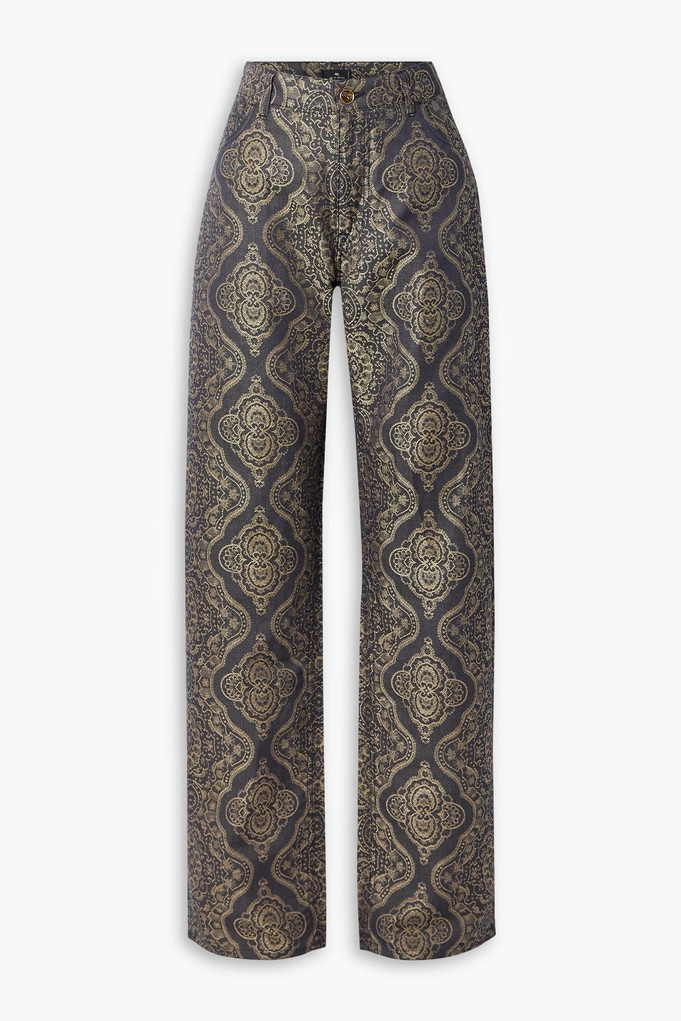 Etro Metallic Cotton And Linen-blend Brocade Straight-leg Pants In Gray