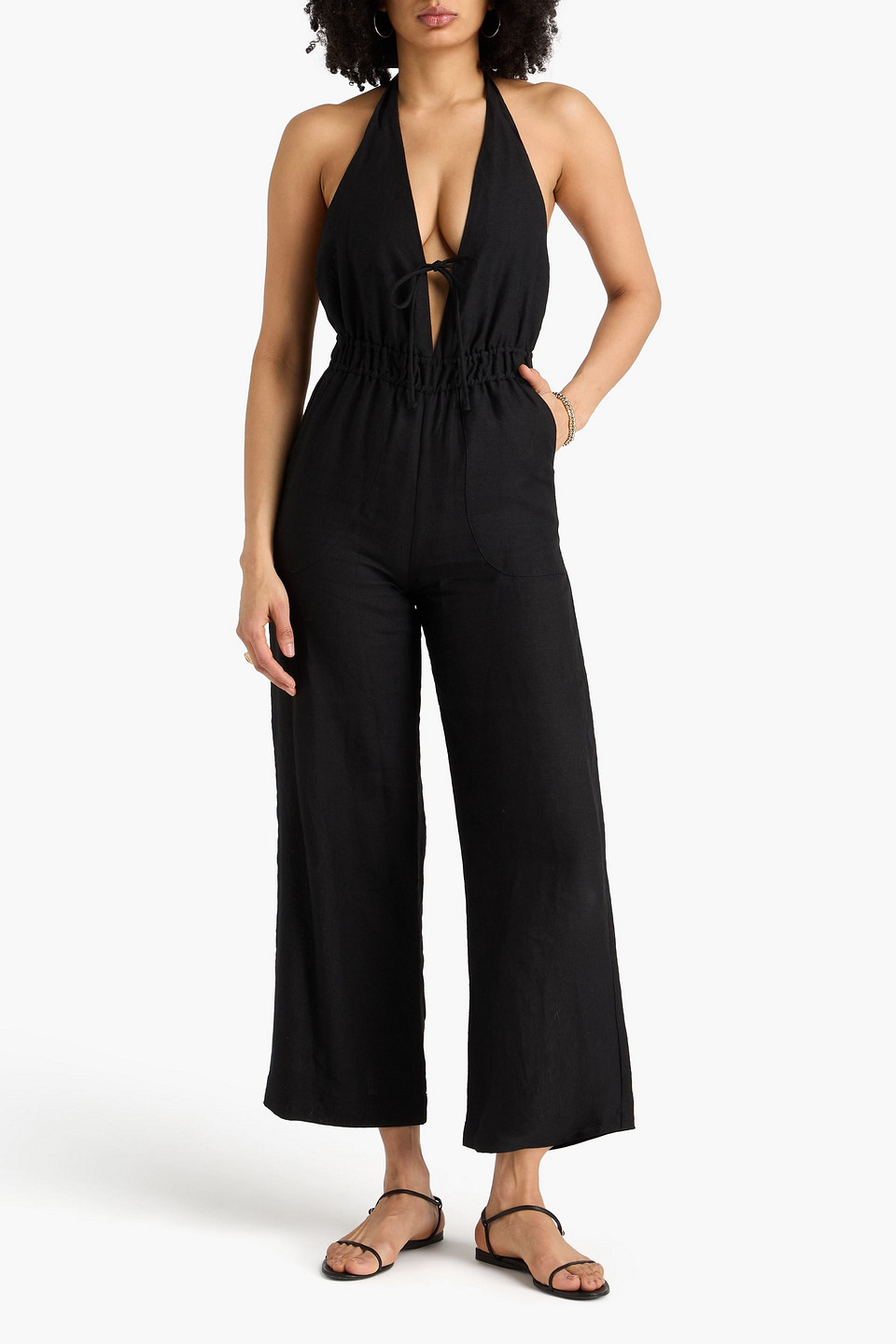  Casa Raki - Neckholder-jumpsuits „iris“ Aus Leinen Mit Weitem Bein Und Rückenausschnitt - Schwarz - S 