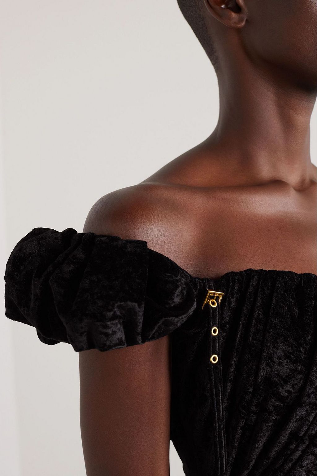 jacquemus off shoulder dress JACQUEMUS Off-the-shoulder embellished stretch-velour mini dress