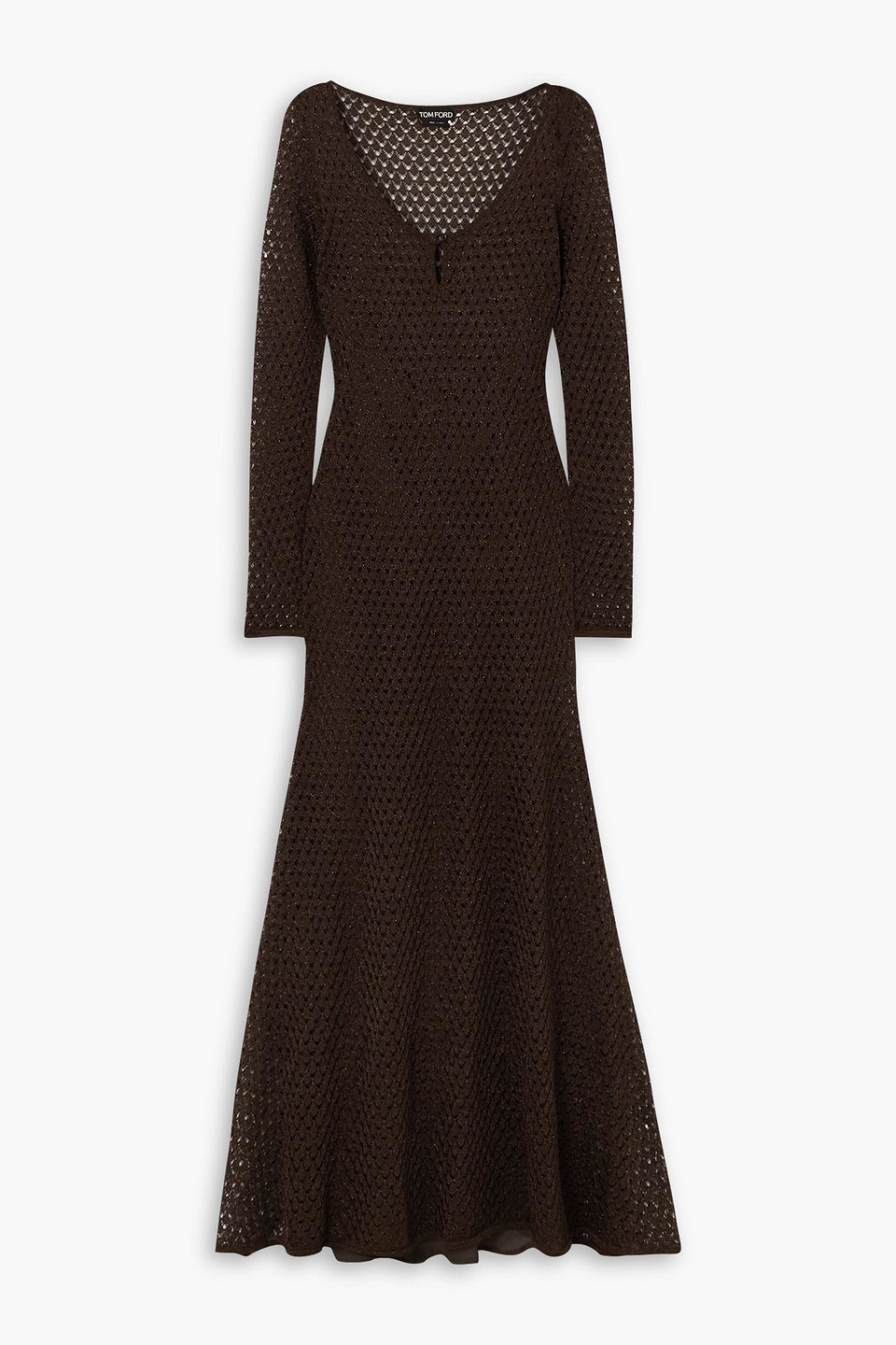 Tom Ford Metallic Crochet-knit Maxi Dress In Brown