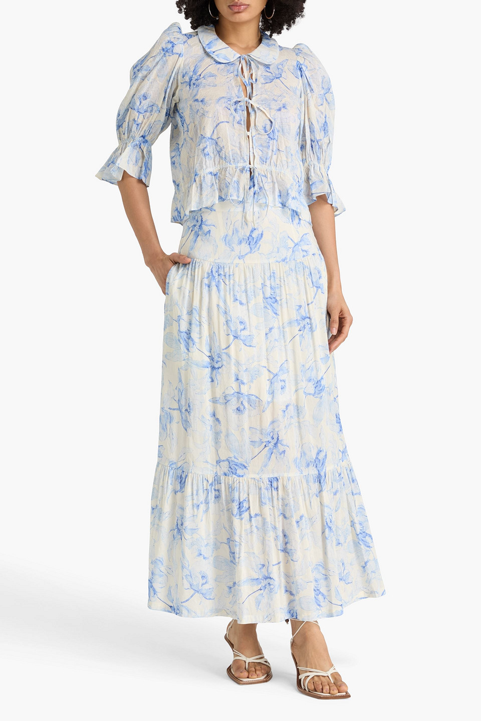  Maje - Floral-print Linen-blend Maxi Skirt - Blue - Fr 34 