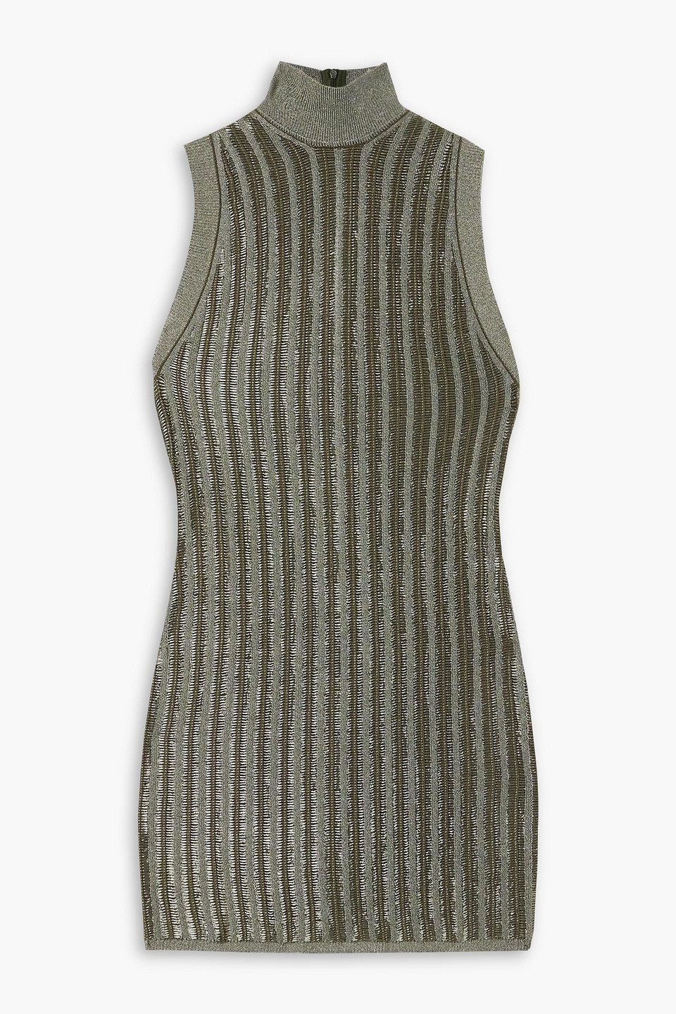 tom ford - striped ribbed metallic wool-blend turtleneck mini dress - green - m
