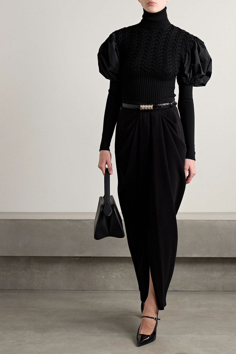 Max Mara Shell-paneled Cable-knit Wool-blend Sweater In Black