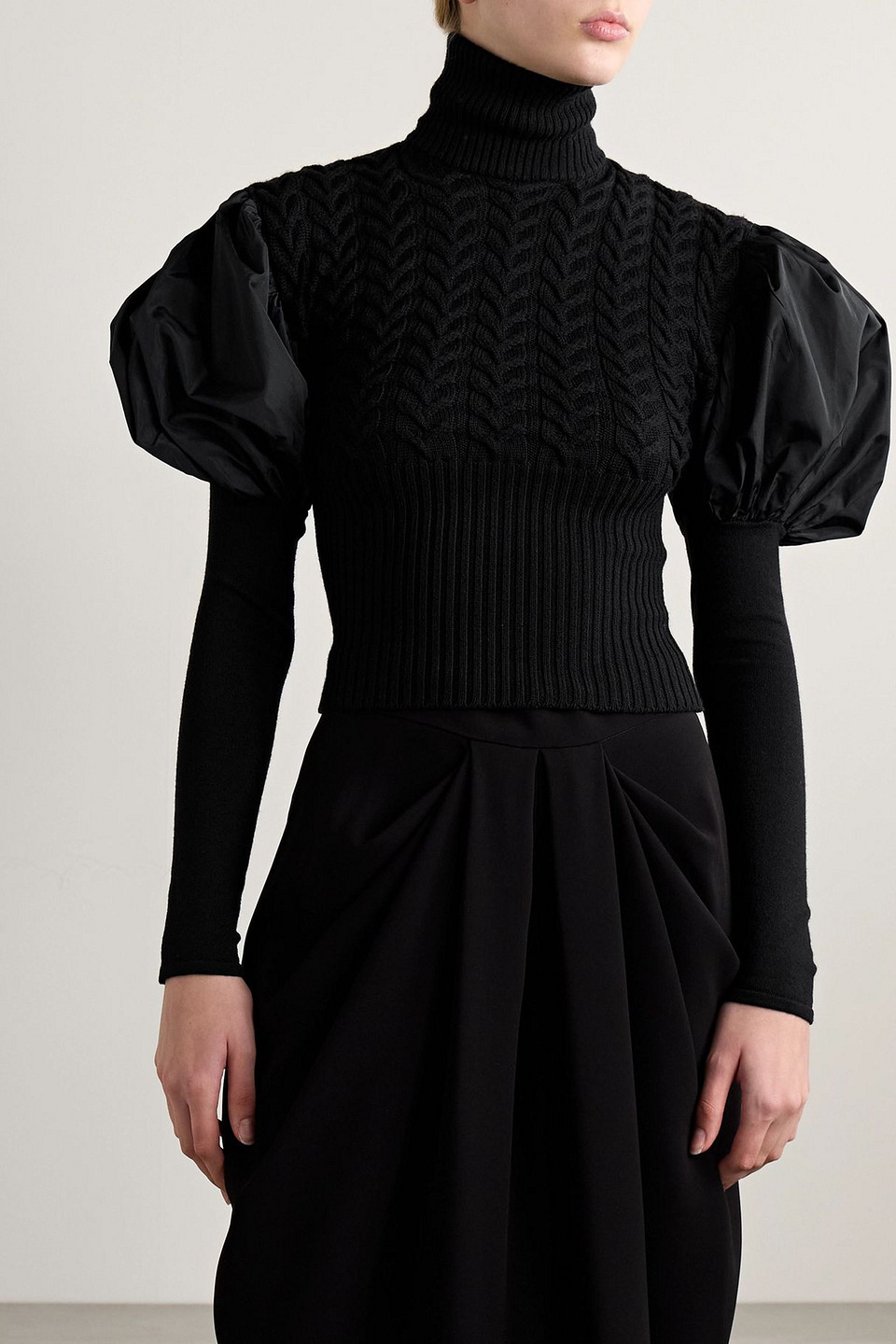 Max Mara Shell-paneled Cable-knit Wool-blend Sweater In Black
