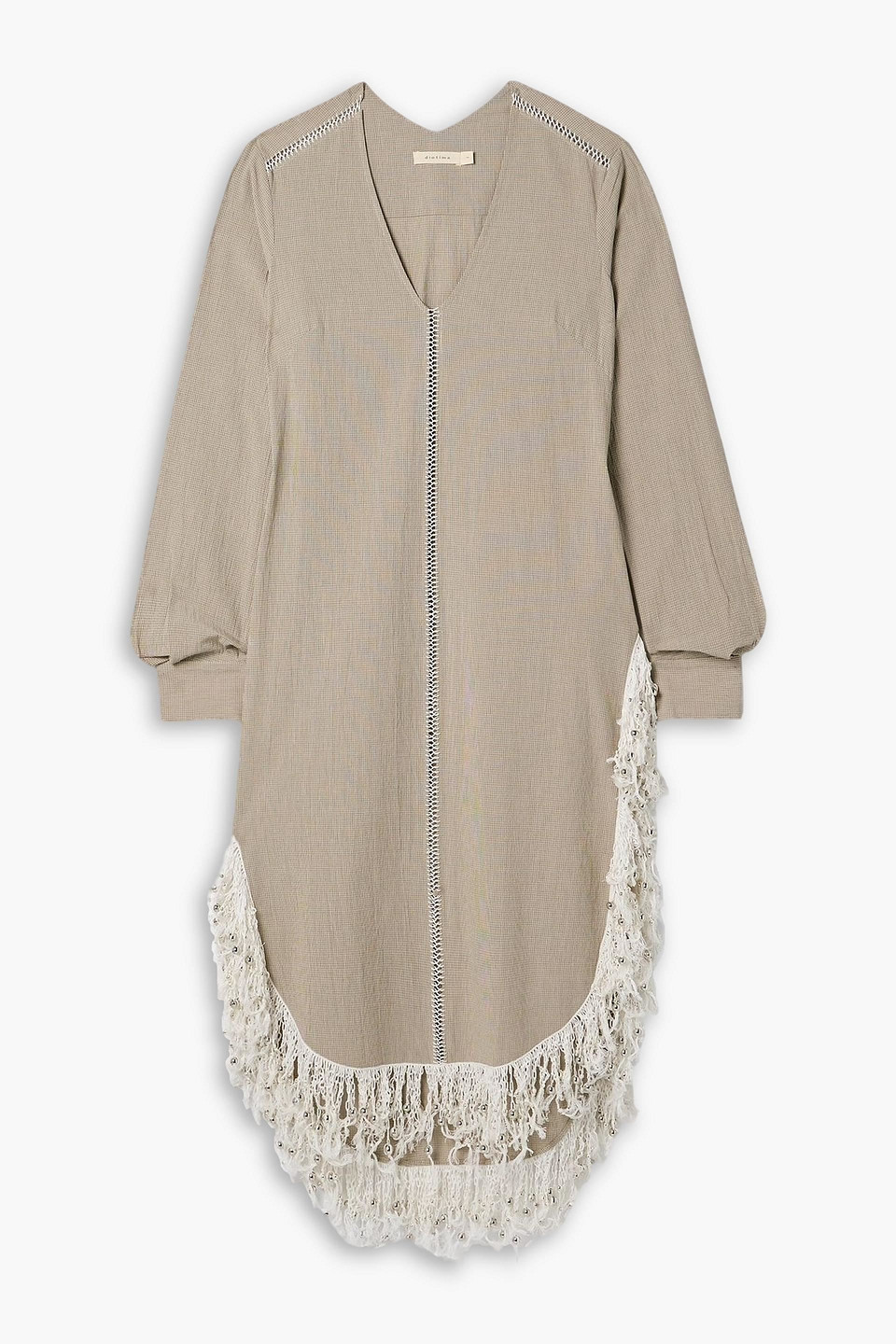 Diotima Una Oversized Fringed Bead-embellished Checked Cotton Midi Dress In Brown