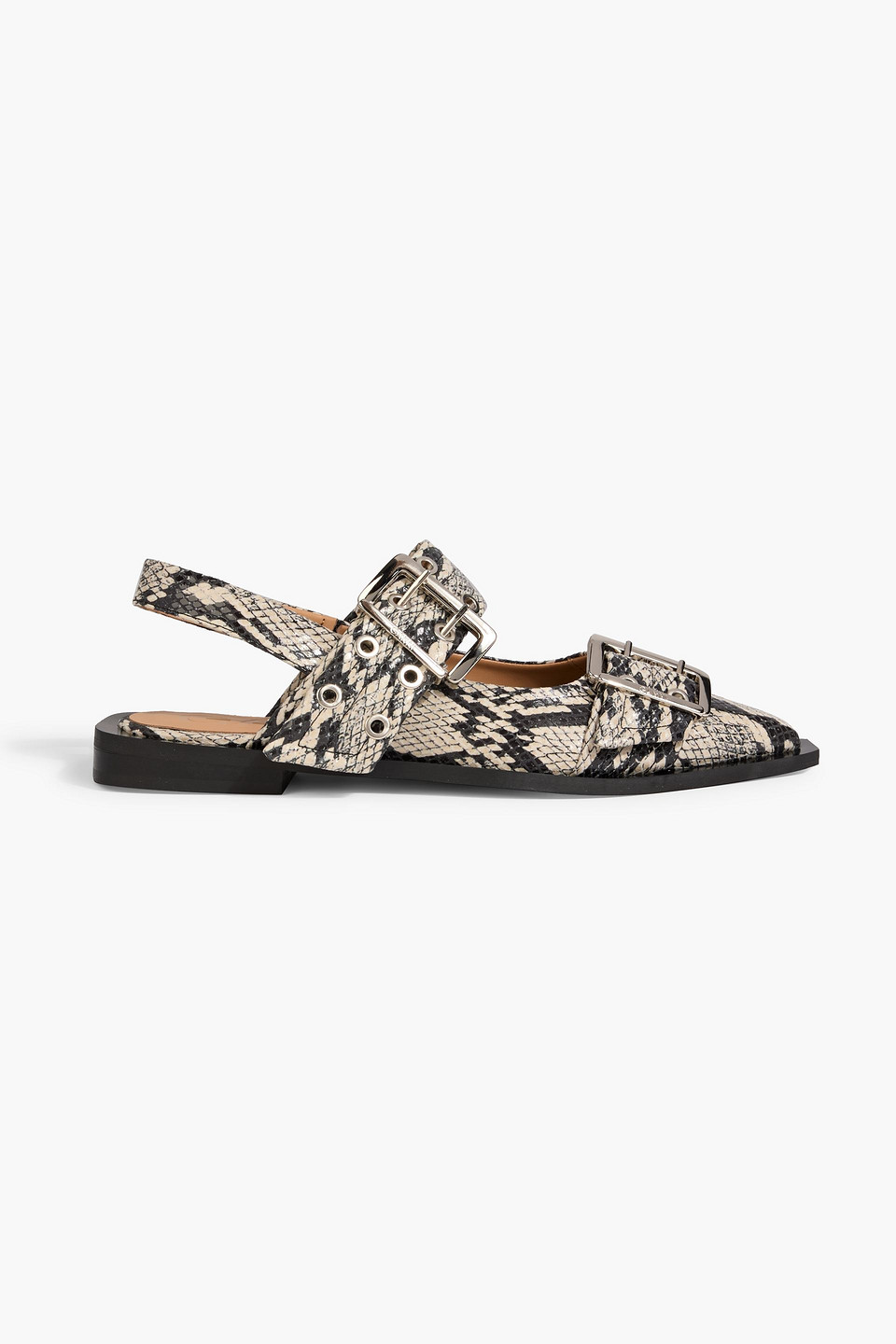 ganni - buckled snake-effect slingback point-toe flats - animal print - eu 35