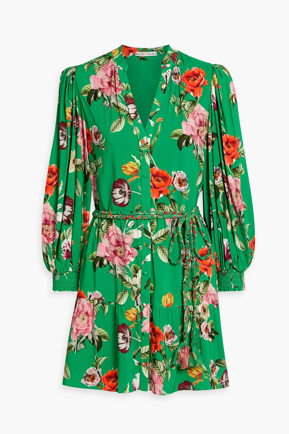 alice olivia - floral-print crepe de chine mini dress - green - us 0
