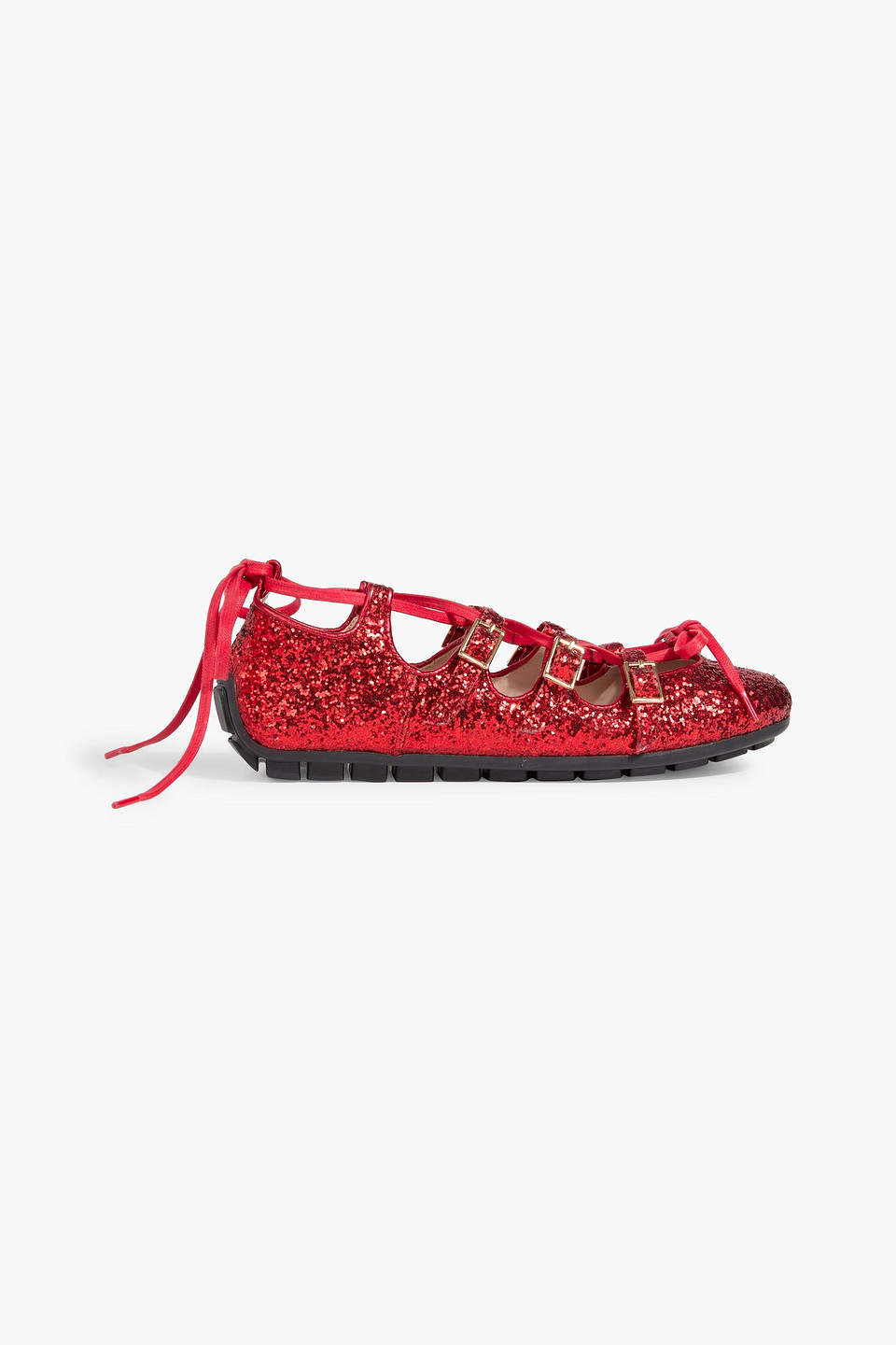 Simone Rocha Ghillie Lace-up Glittered Mesh Ballet Flats In Red
