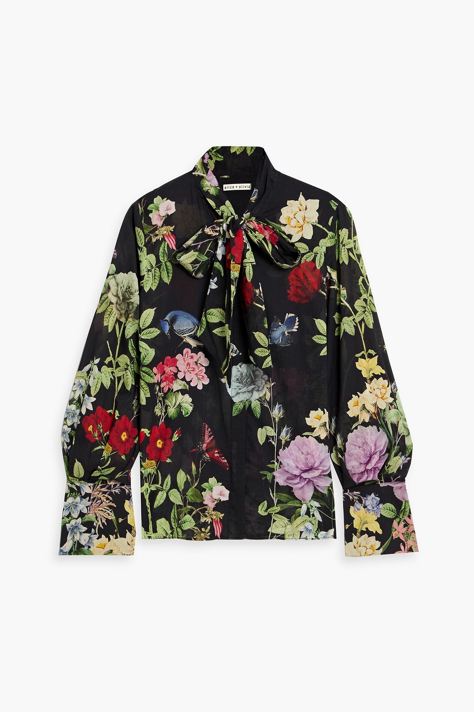 alice olivia - pussy-bow floral-print cotton top - black - xs