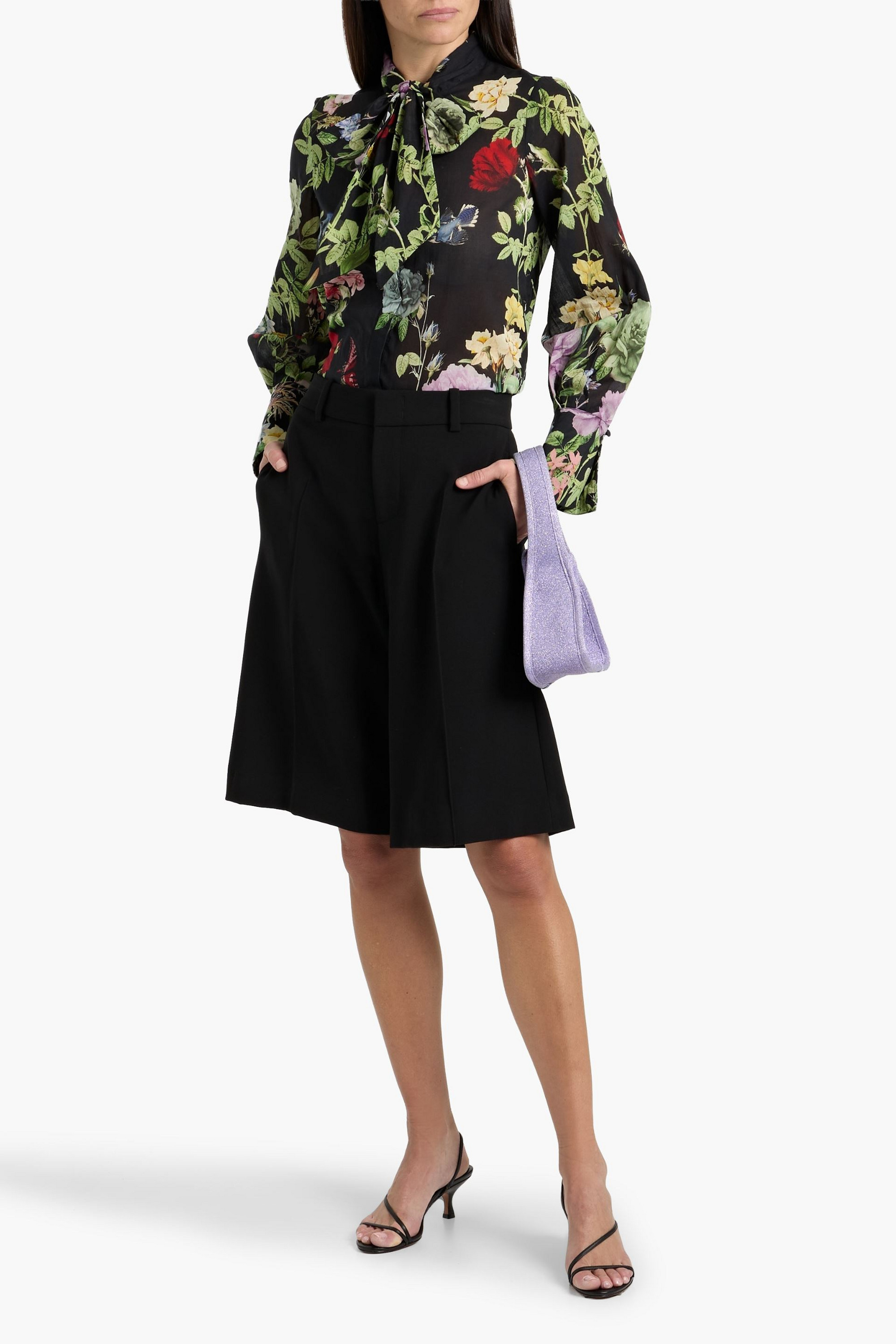 alice + olivia Pussy-bow floral-print cotton top