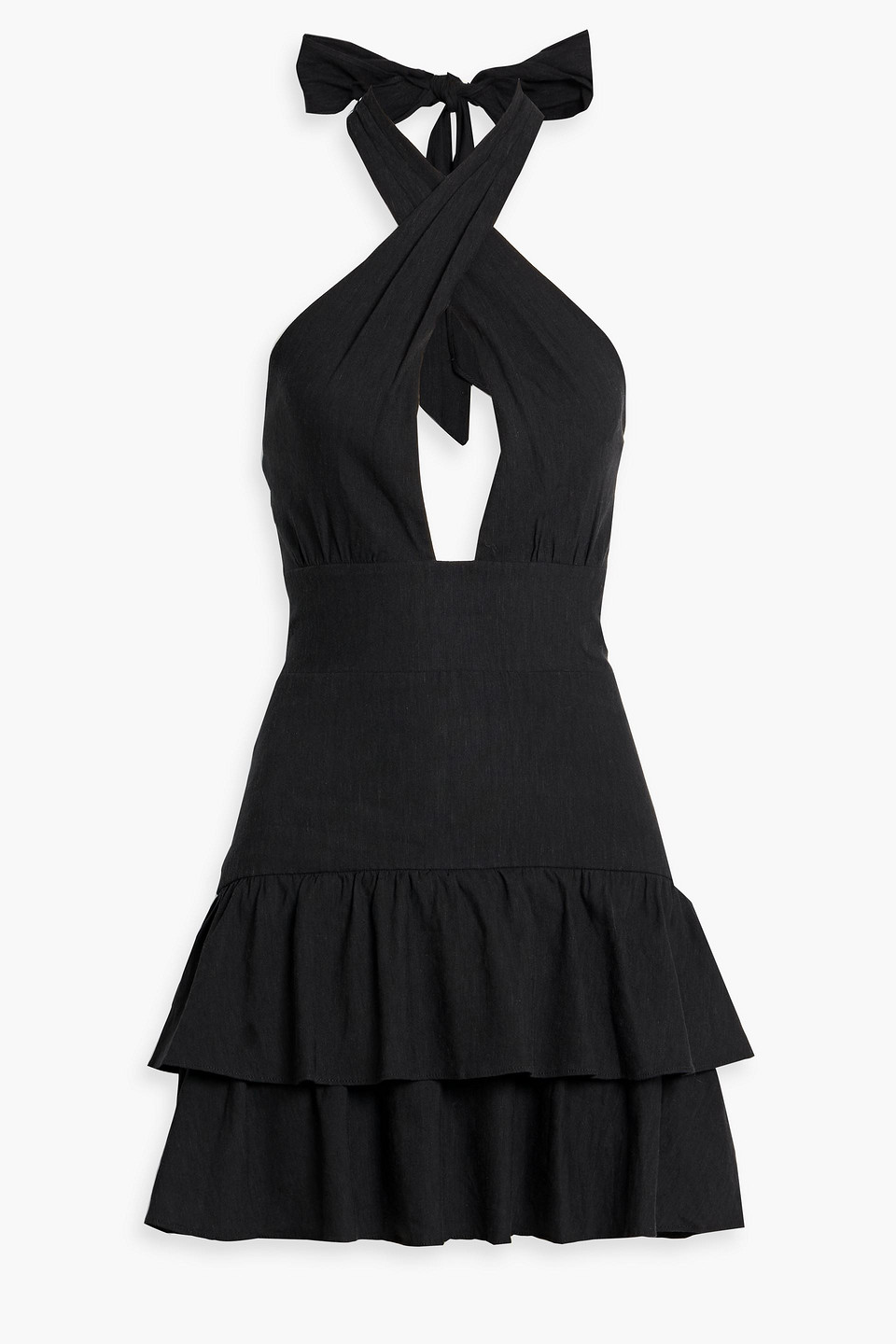 Alice And Olivia Tiered Cutout Linen-blend Mini Dress In Black