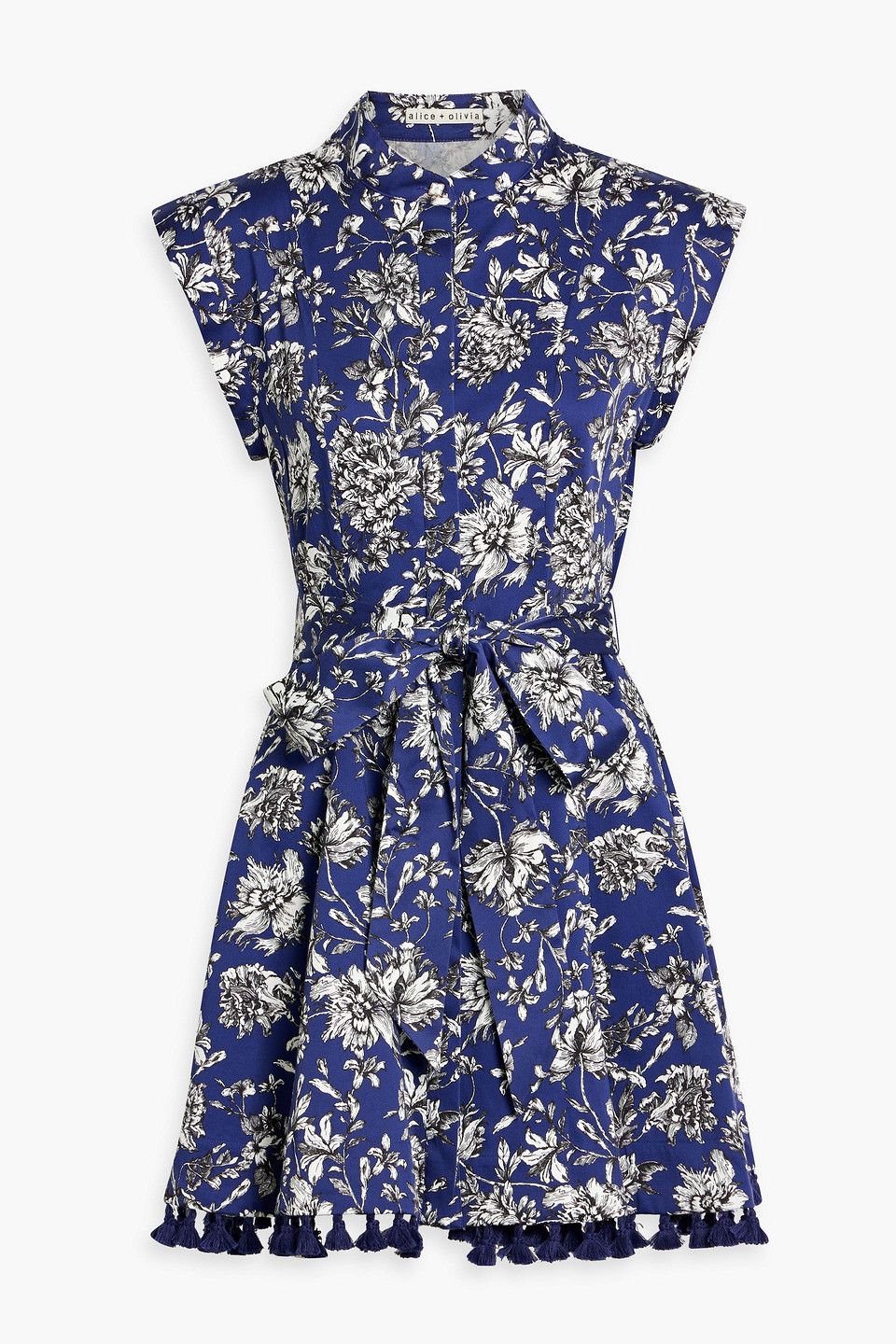 alice olivia - lucy tasseled floral-print cotton-blend poplin mini dress - blue - us 6