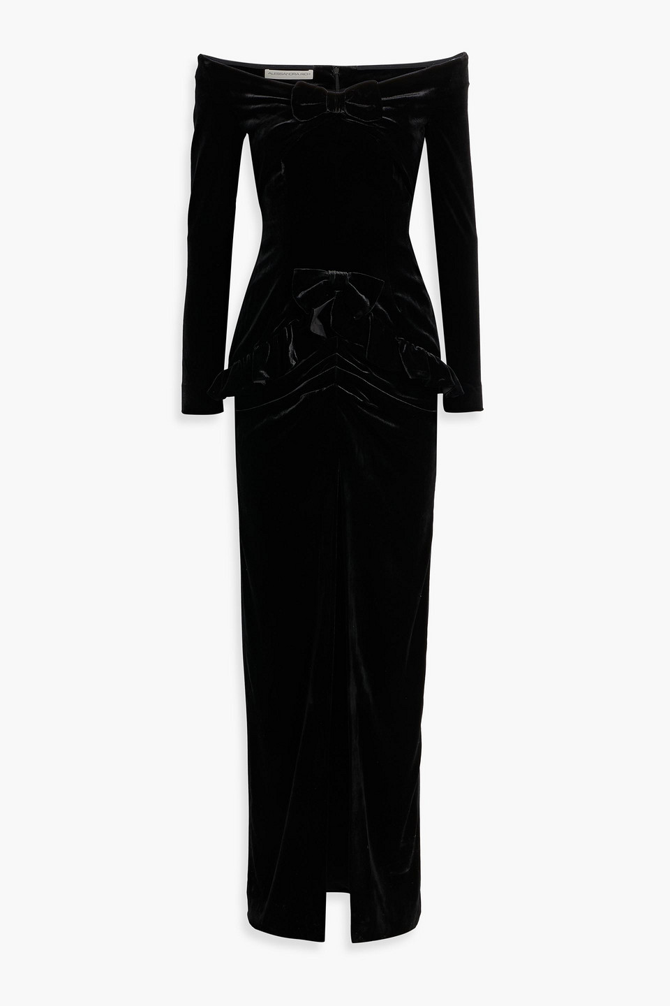 Alessandra Rich Off-the-shoulder Bow-detailed Ruffled Ruched Velvet Gown In Black