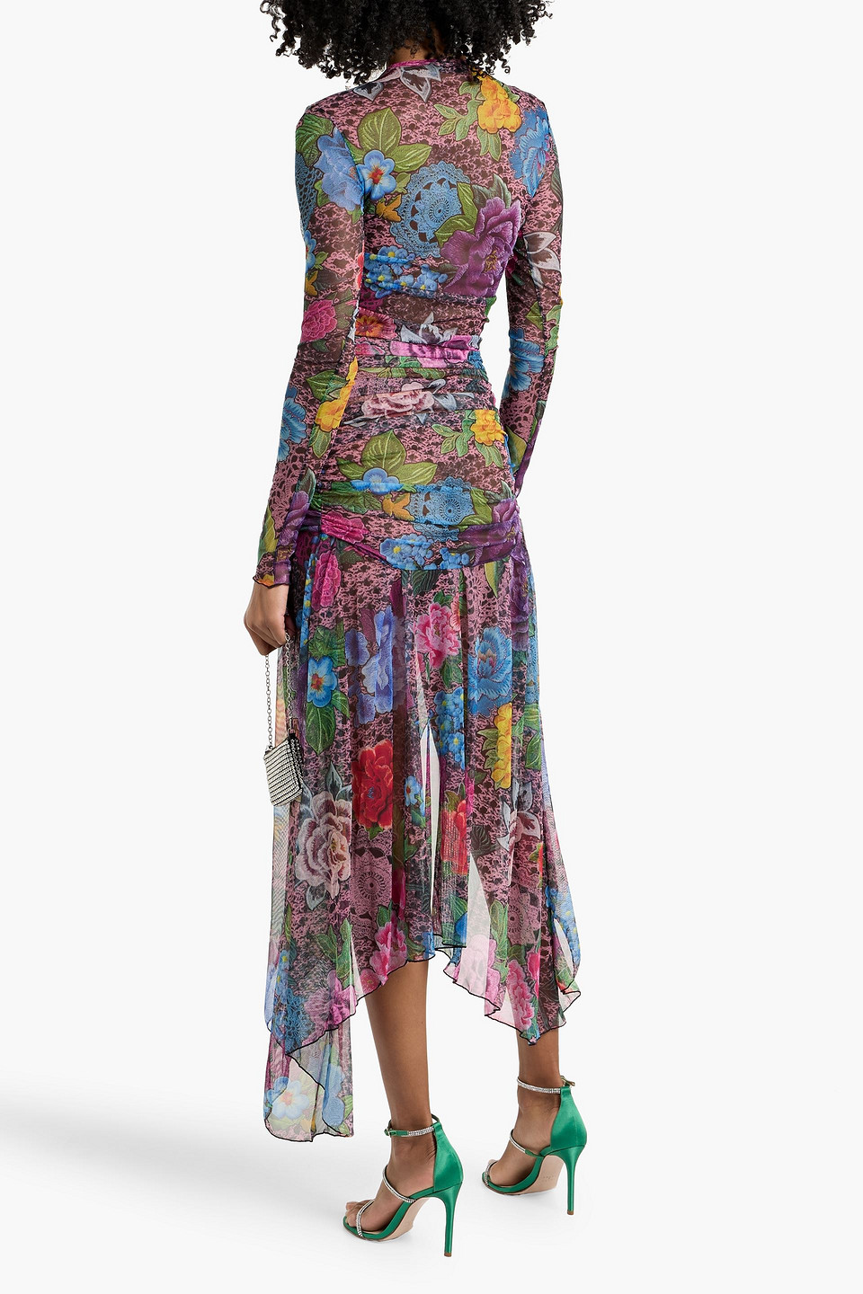  Area - Gerafftes Midikleid Aus Stretch-mesh Mit Floralem Print - Pink - Xs 