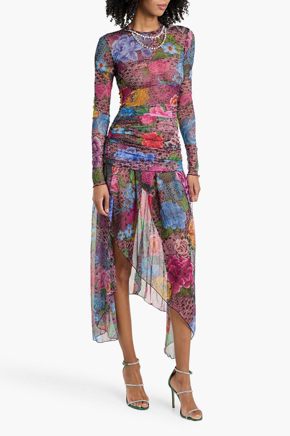  Area - Gerafftes Midikleid Aus Stretch-mesh Mit Floralem Print - Pink - Xs 