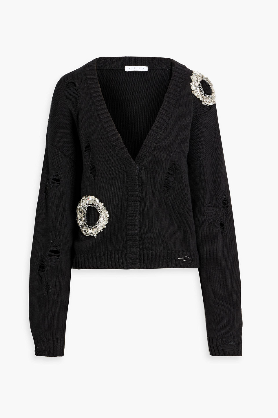 area - crystal-embellished distressed cotton and cashmere-blend cardigan - black - xs