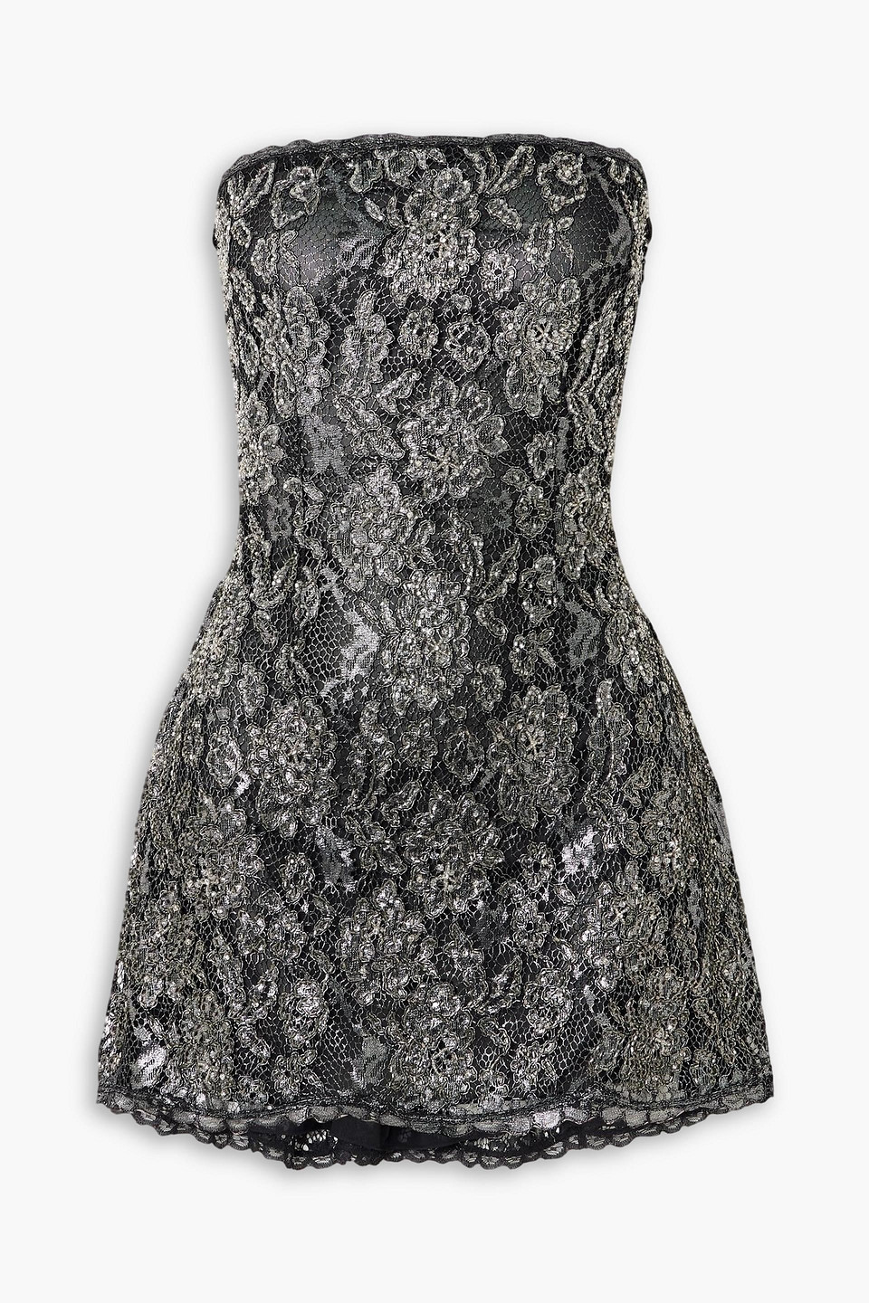 Clio Peppiatt Isla Strapless Embellished Metallic Guipure Lace Mini Dress In Gray