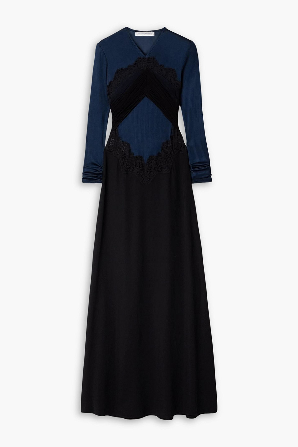 Christopher Esber Verner Paneled Ruched Silk-tulle And Lace-trimmed Jersey And Cady Gown In Blue