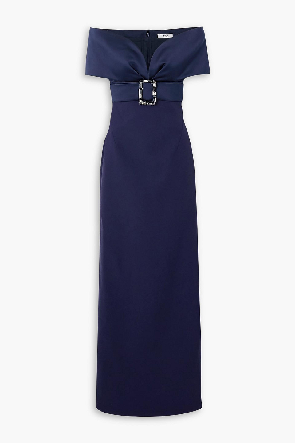 Safiyaa Off-the-shoulder Crystal-embellished Belted Crepe Gown In Blue