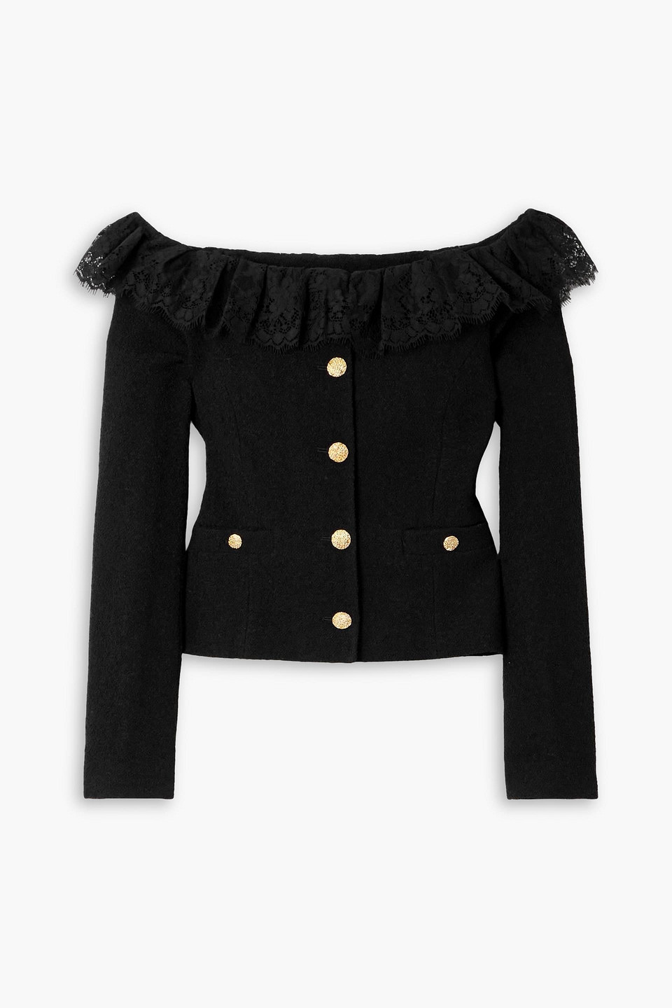 alessandra rich - off-the-shoulder crystal-embellished lace-trimmed wool-blend tweed jacket - black - it 38