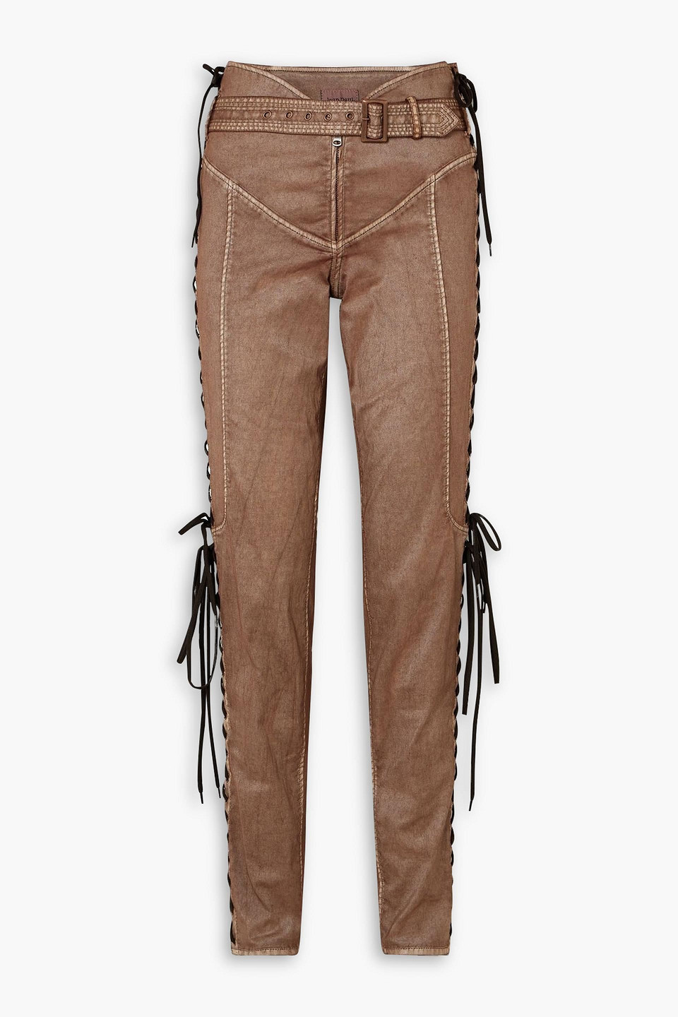 Jean Paul Gaultier Knwls Lace-up Stretch Coated-cotton Skinny Pants In Multi