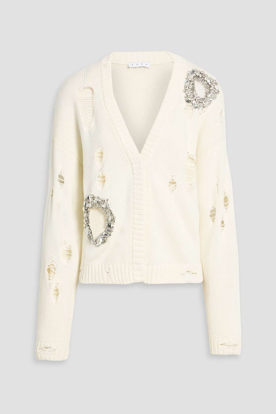 Area Crystal-embellished Distressed Cotton And Cashmere-blend Cardigan In White