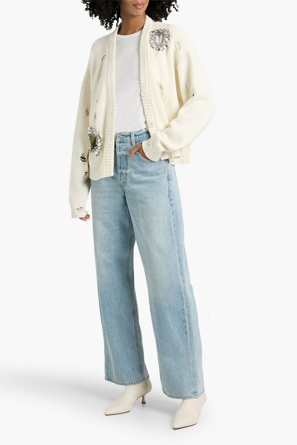  Area - Cardigan Aus Einer Baumwoll-kaschmirmischung In Distressed-optik Mit Kristallverzierung - Weiß - Xs 
