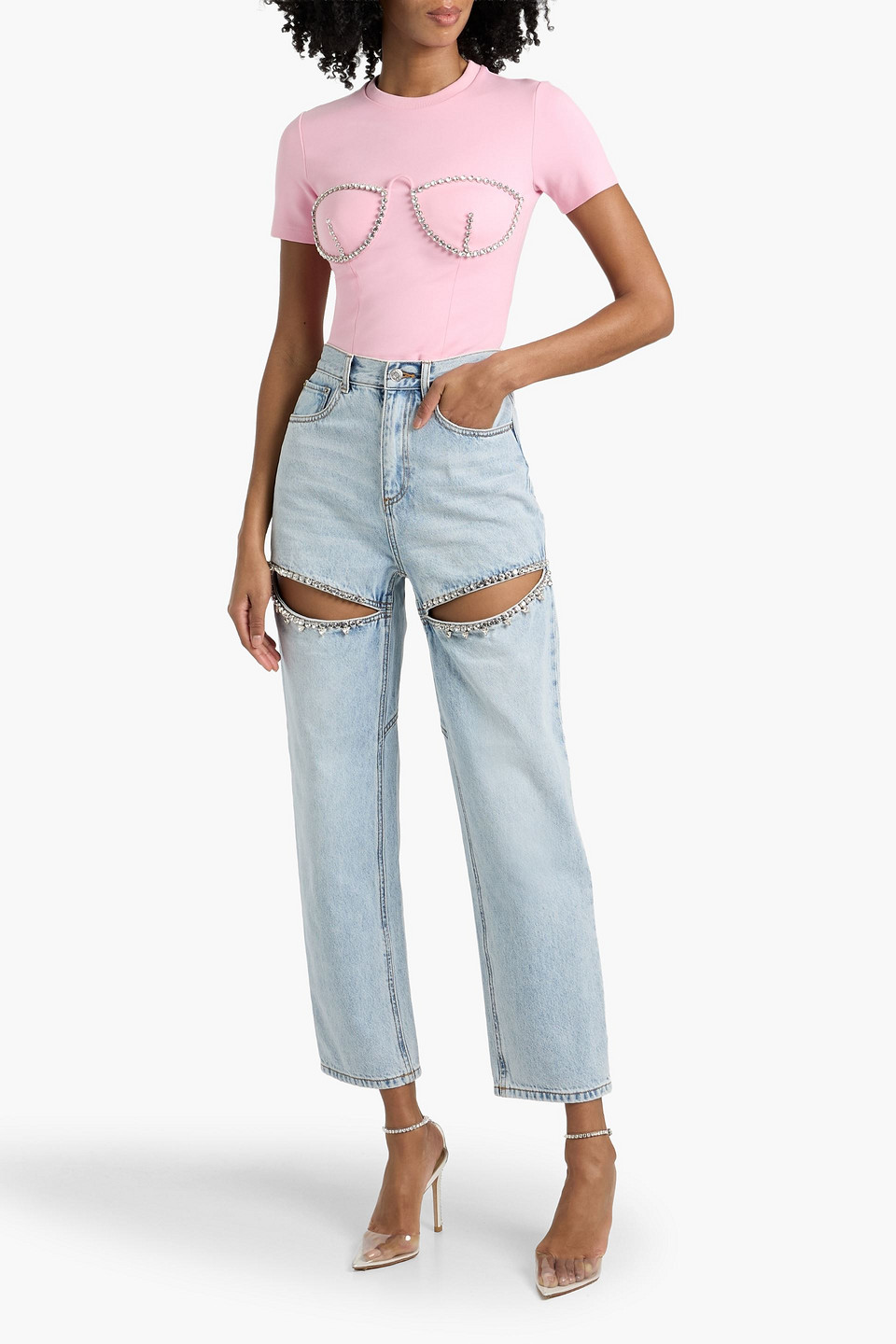 Area Crystal-embellished Cutout High-rise Wide-leg Jeans In Light Blue