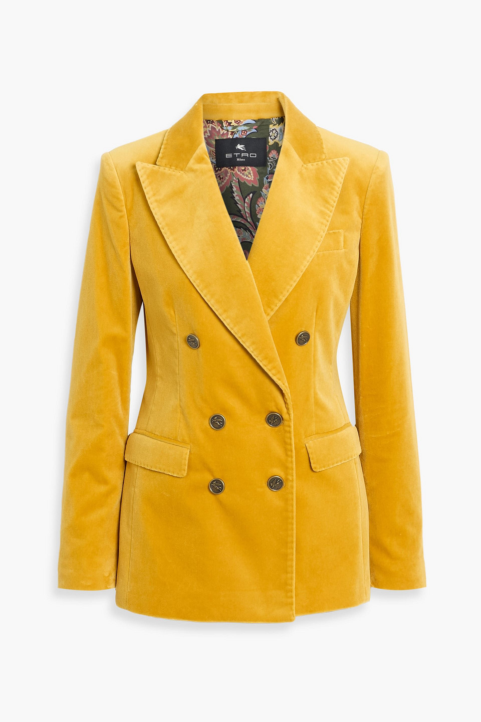 etro - double-breasted cotton-blend velvet blazer - yellow - it 38