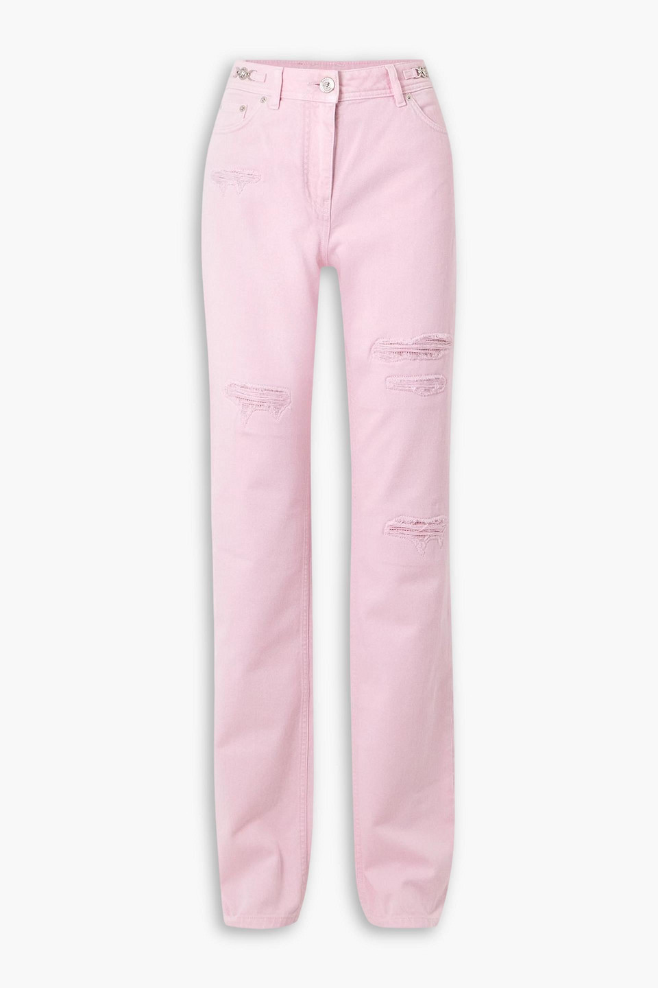 Versace Distressed Embellished Mid-rise Straight-leg Jeans In Pink