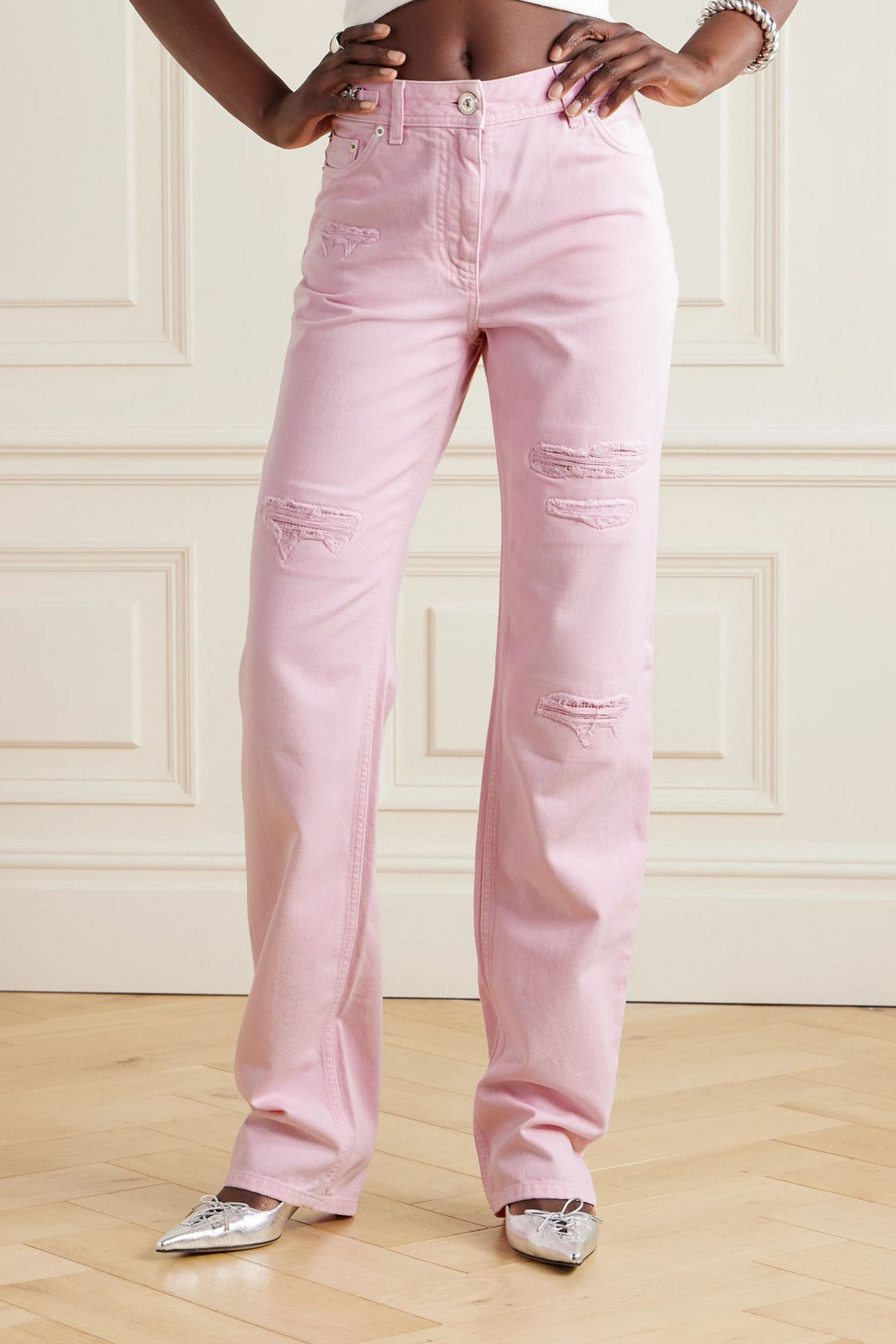 Versace Distressed embellished mid-rise straight-leg jeans