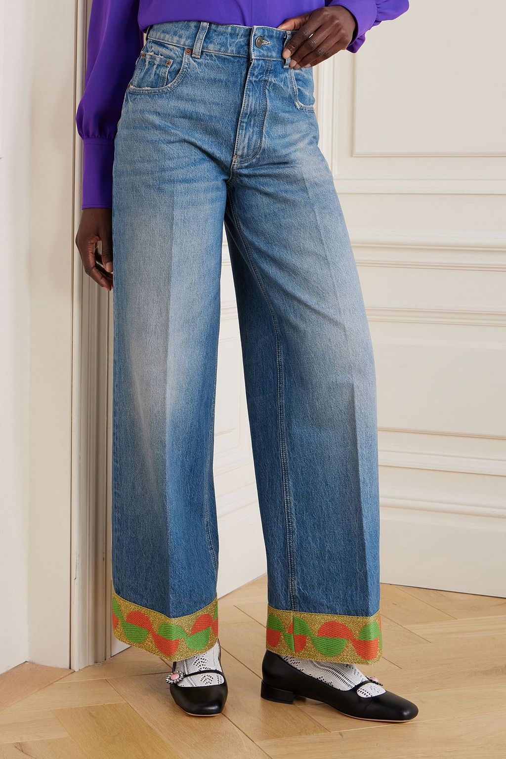 VALENTINO GARAVANI Metallic jacquard-trimmed high-rise wide-leg