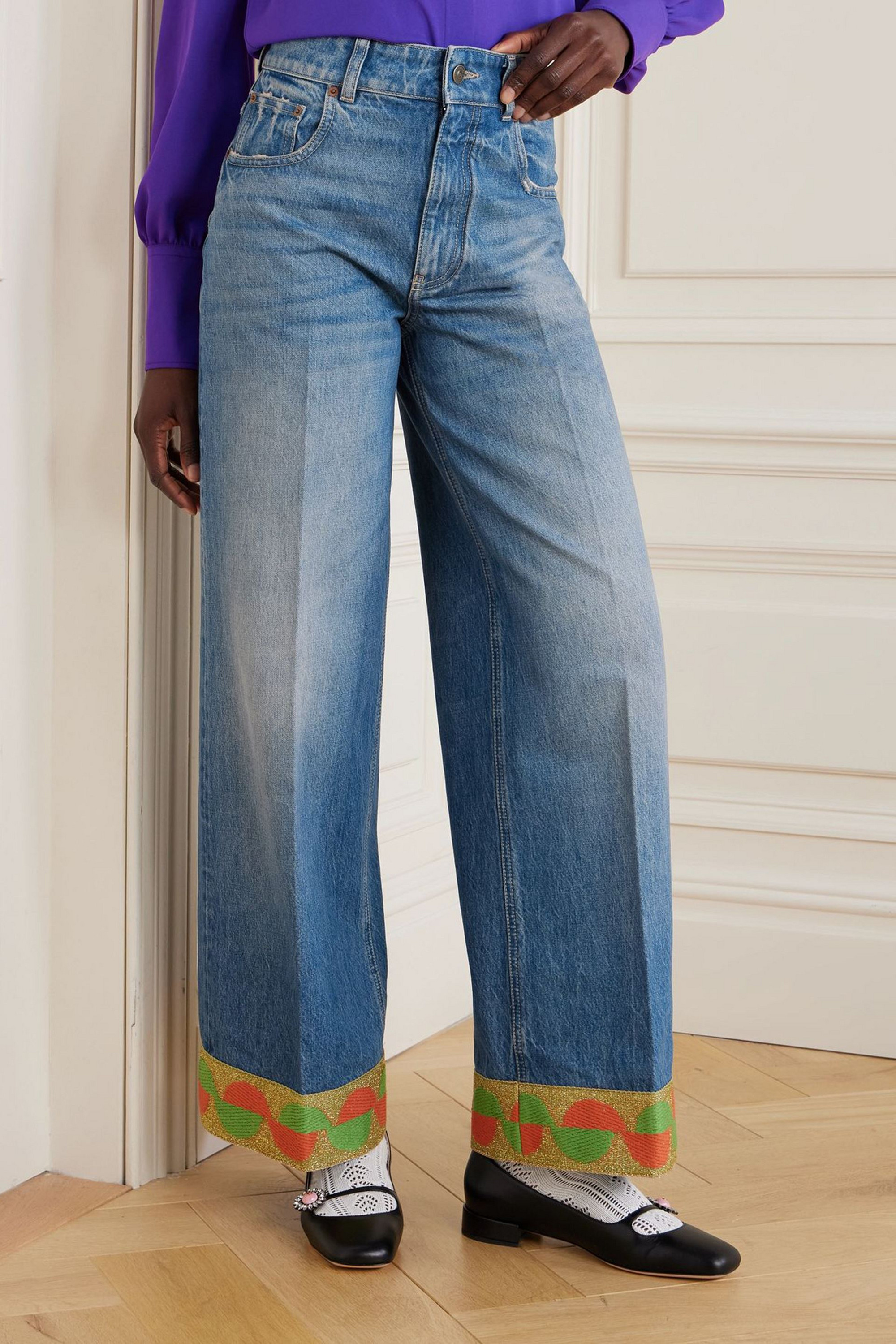 Valentino Garavani Metallic jacquard-trimmed high-rise wide-leg jeans