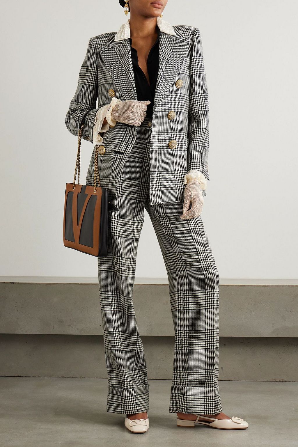こ*う様 VALENTINO ブラック ワイドパンツ 46 VALENTINO GARAVANI Prince of Wales checked wool-tweed wide-leg