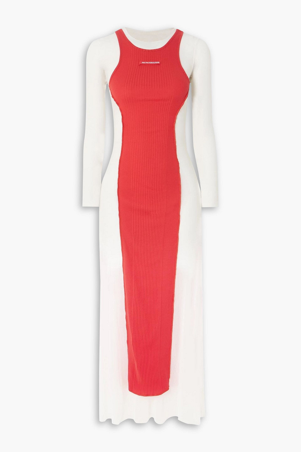 jean paul gaultier - layered ribbed cotton-jersey and mesh maxi dress - red - xxs