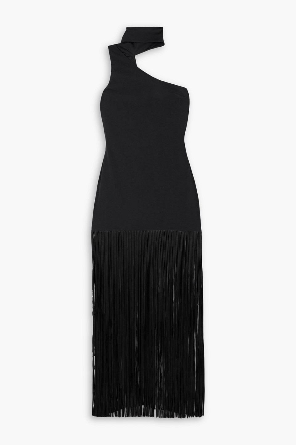 Taller Marmo Atlanta Asymmetric One-shoulder Fringed Crepe Gown In Black