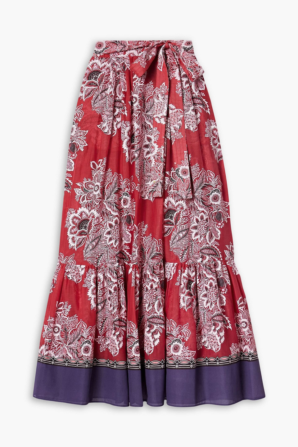 Etro Belted Printed Cotton And Silk-blend Voile Midi Skirt In Red