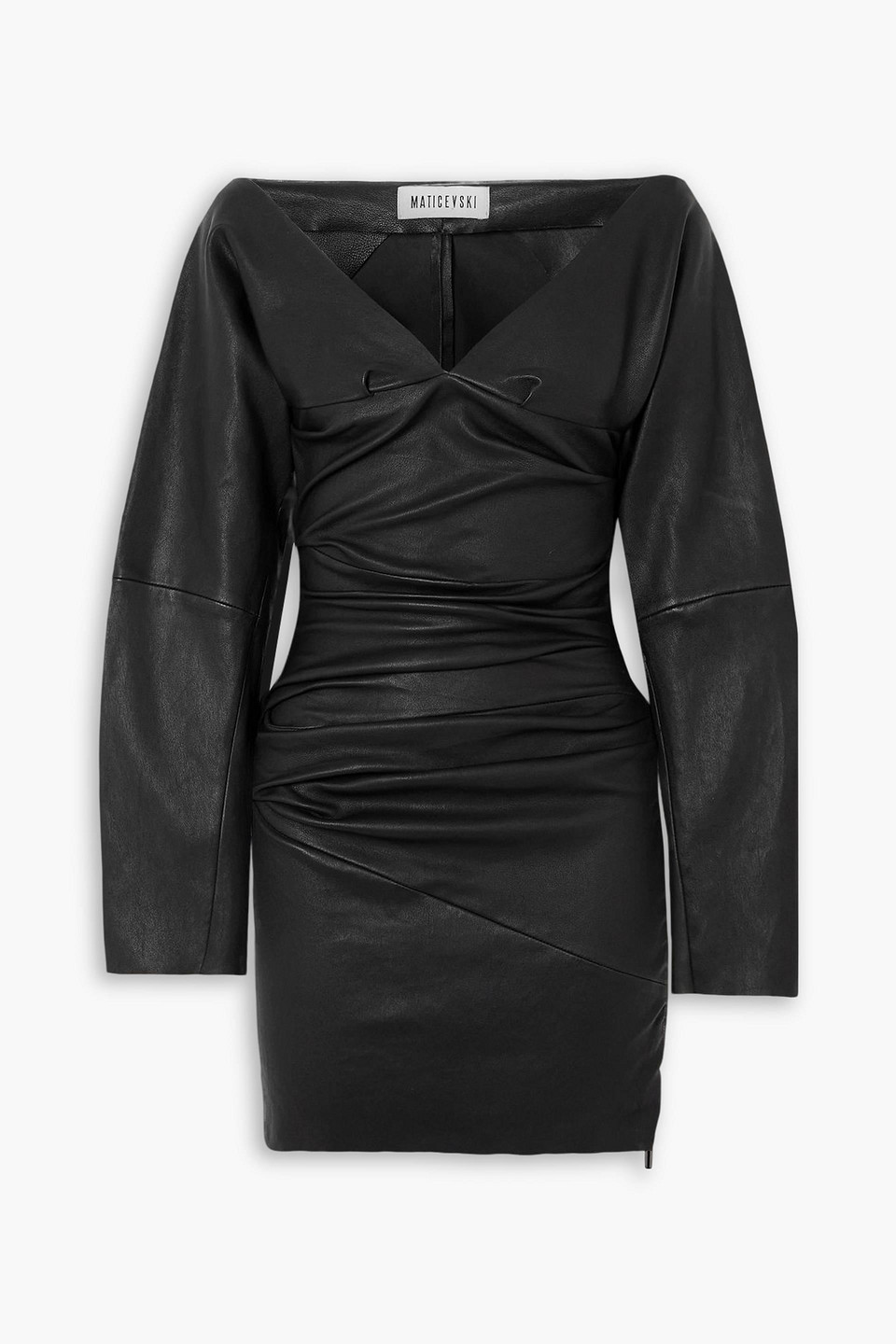 Maticevski Facets Ruched Leather Mini Dress In Black