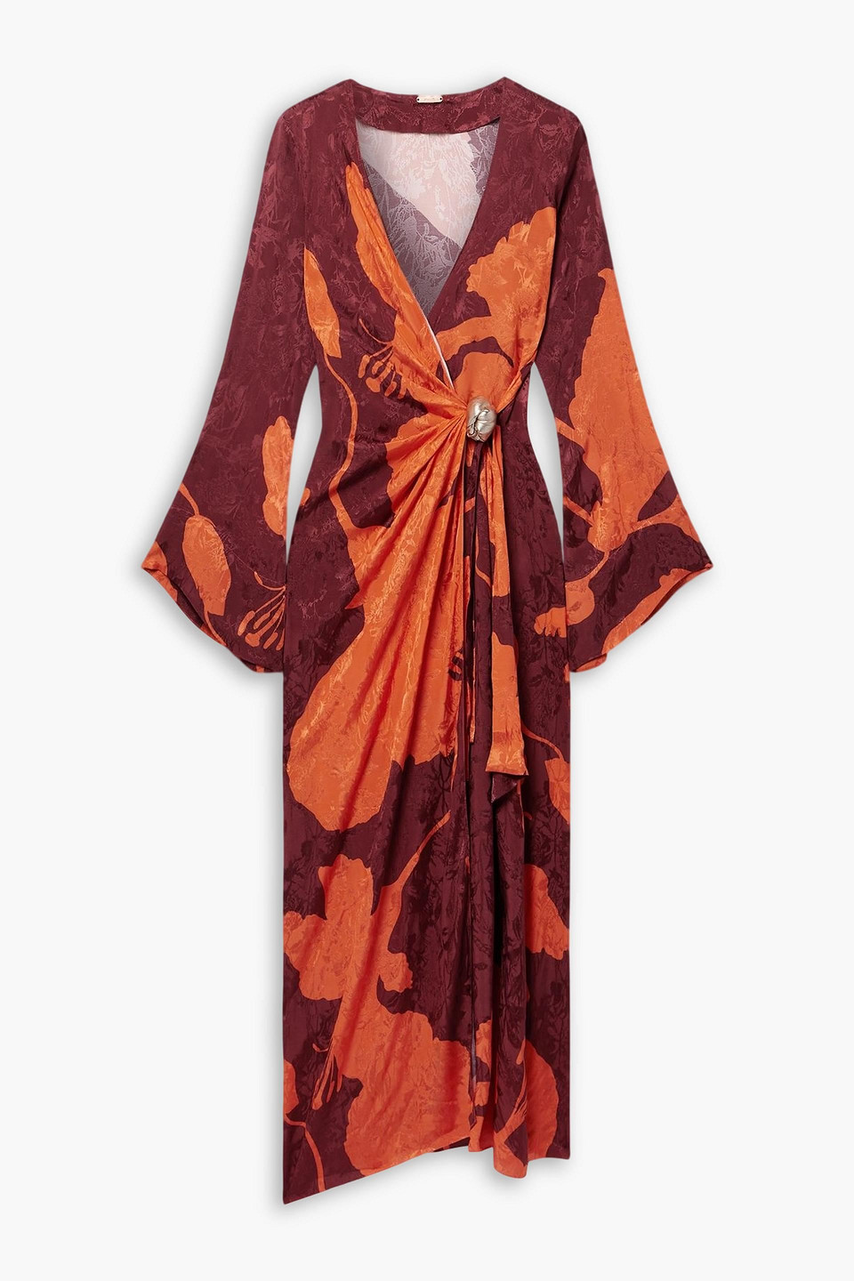 johanna ortiz - sanctuary for dream printed satin-jacquard midi wrap dress - burgundy - us 0