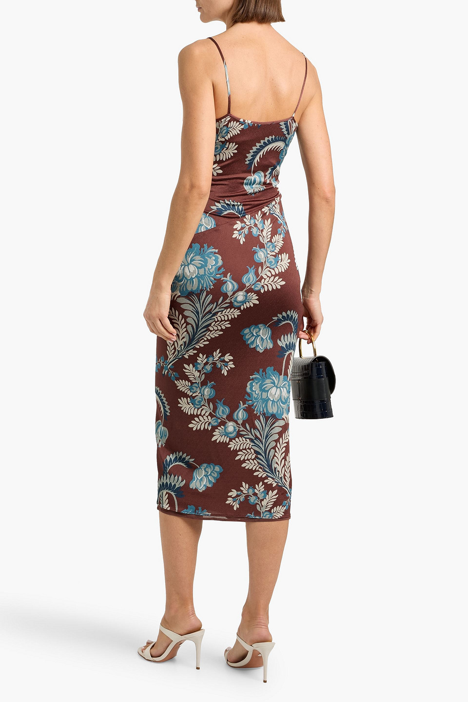 Etro Draped Floral-print Stretch-crepe Midi Dress In Brown