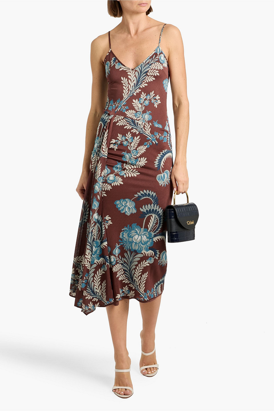 Etro Draped Floral-print Stretch-crepe Midi Dress In Brown
