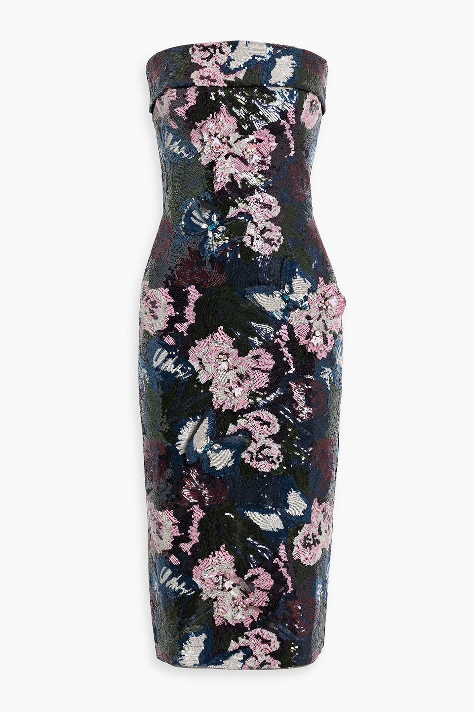 badgley mischka - strapless sequined mesh midi dress - blue - us 4