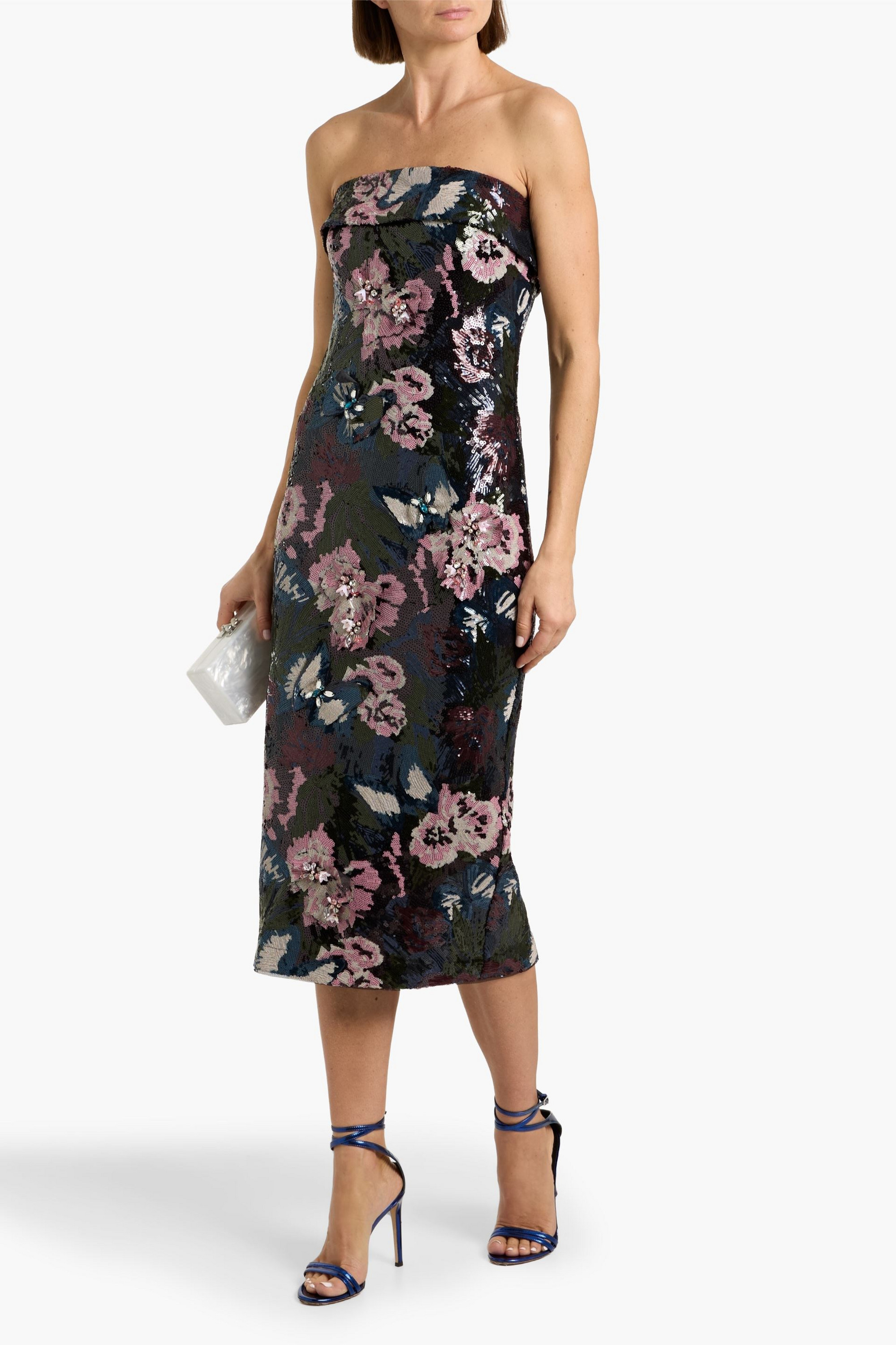 Badgley Mischka - Strapless sequined mesh midi dress | Plush