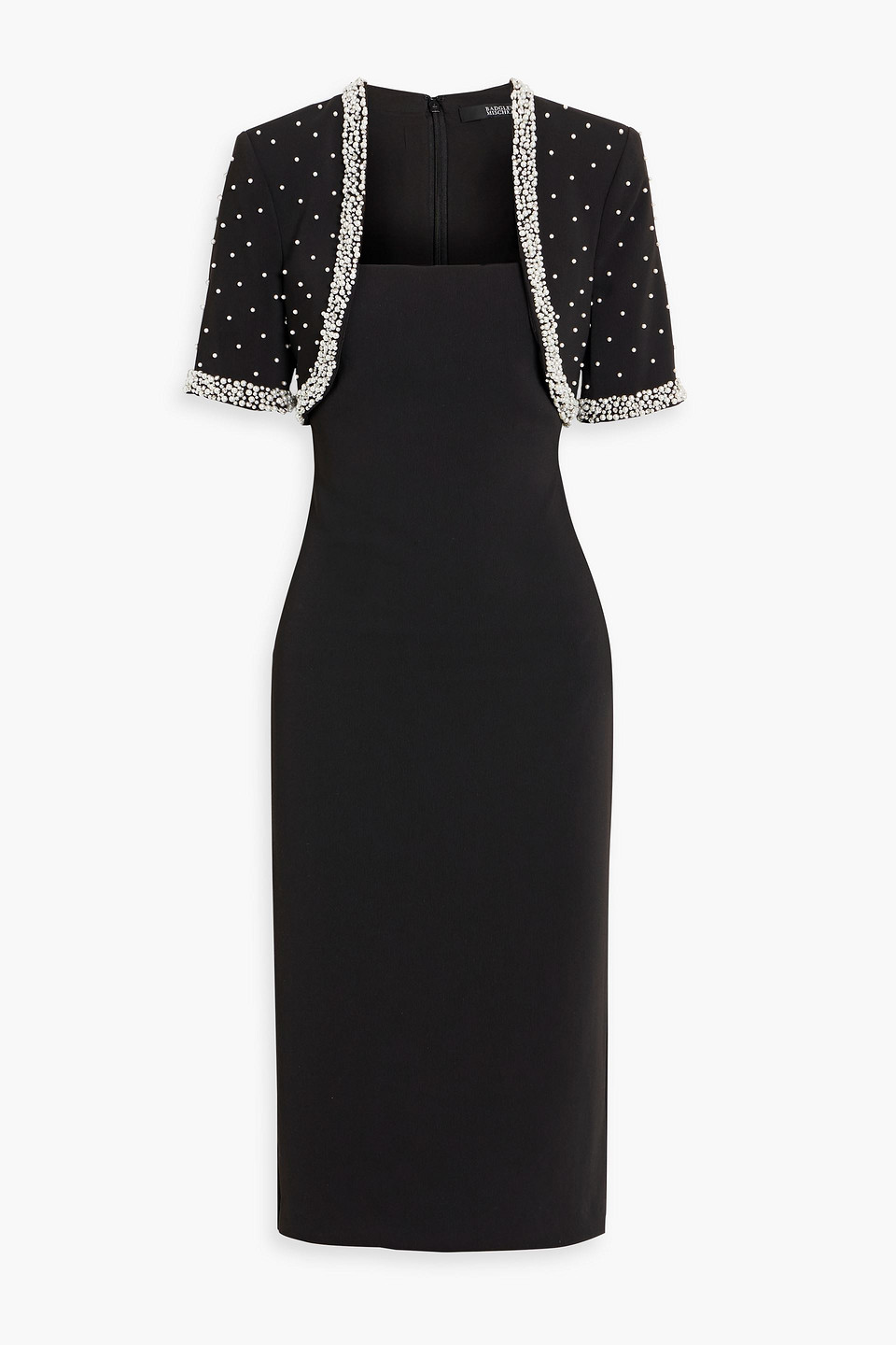 badgley mischka - layered embellished crepe midi dress - black - us 0