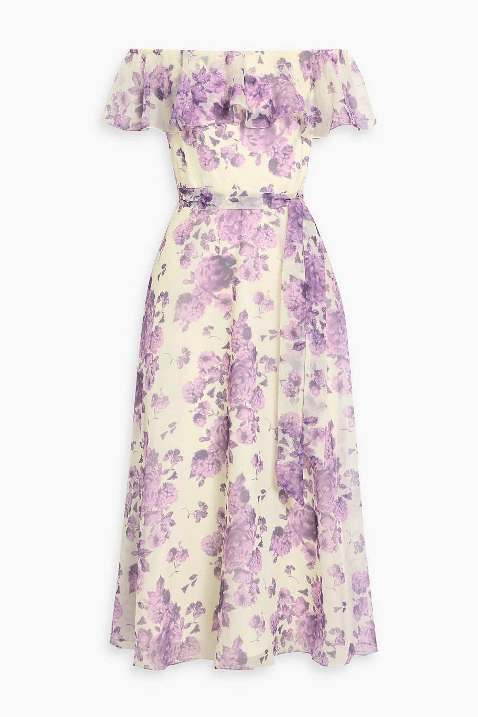 Mikael Aghal Off-the-shoulder Floral-print Chiffon Midi Dress In Multi