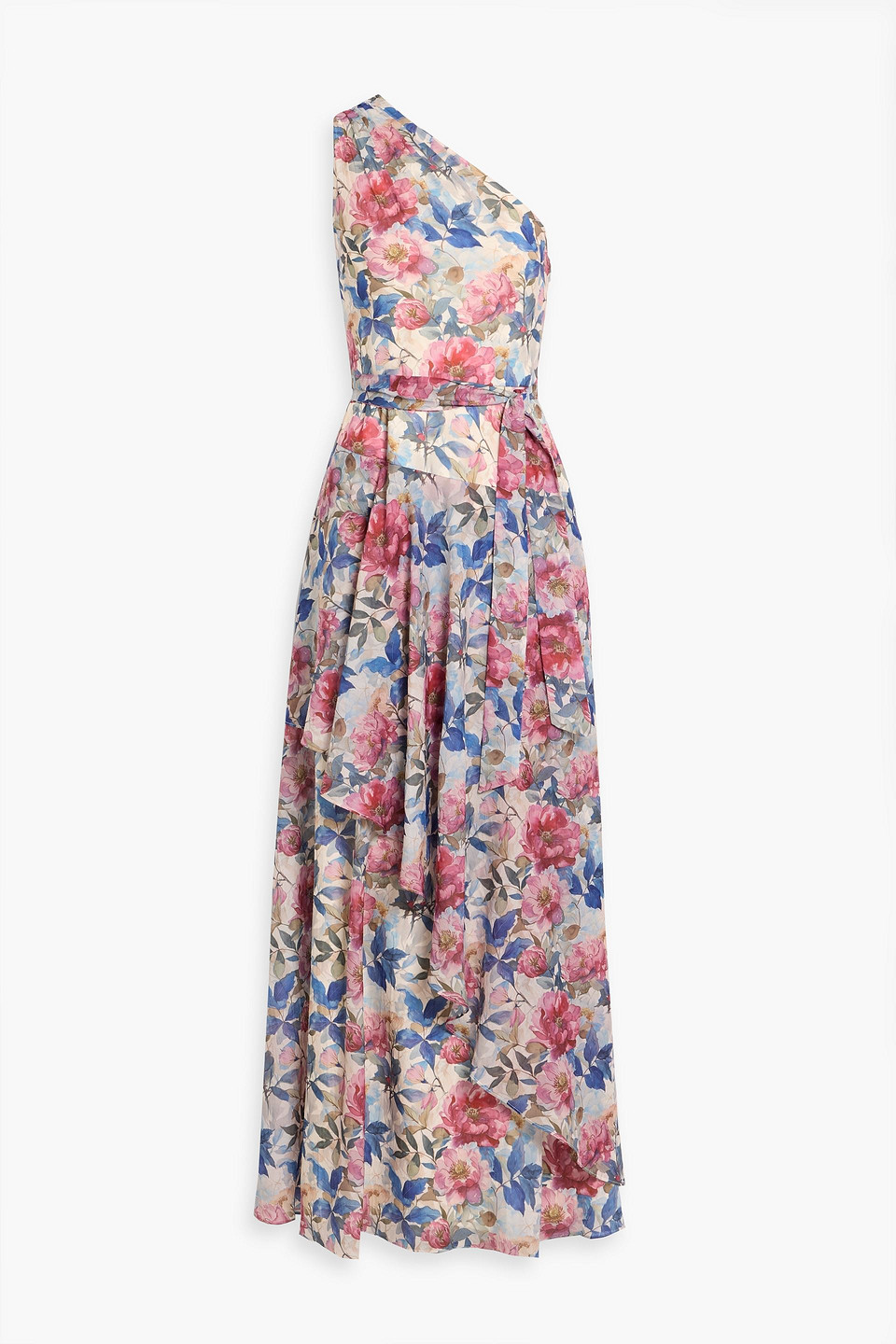 Mikael Aghal One-shoulder Layered Floral-print Chiffon Maxi Dress In Blue