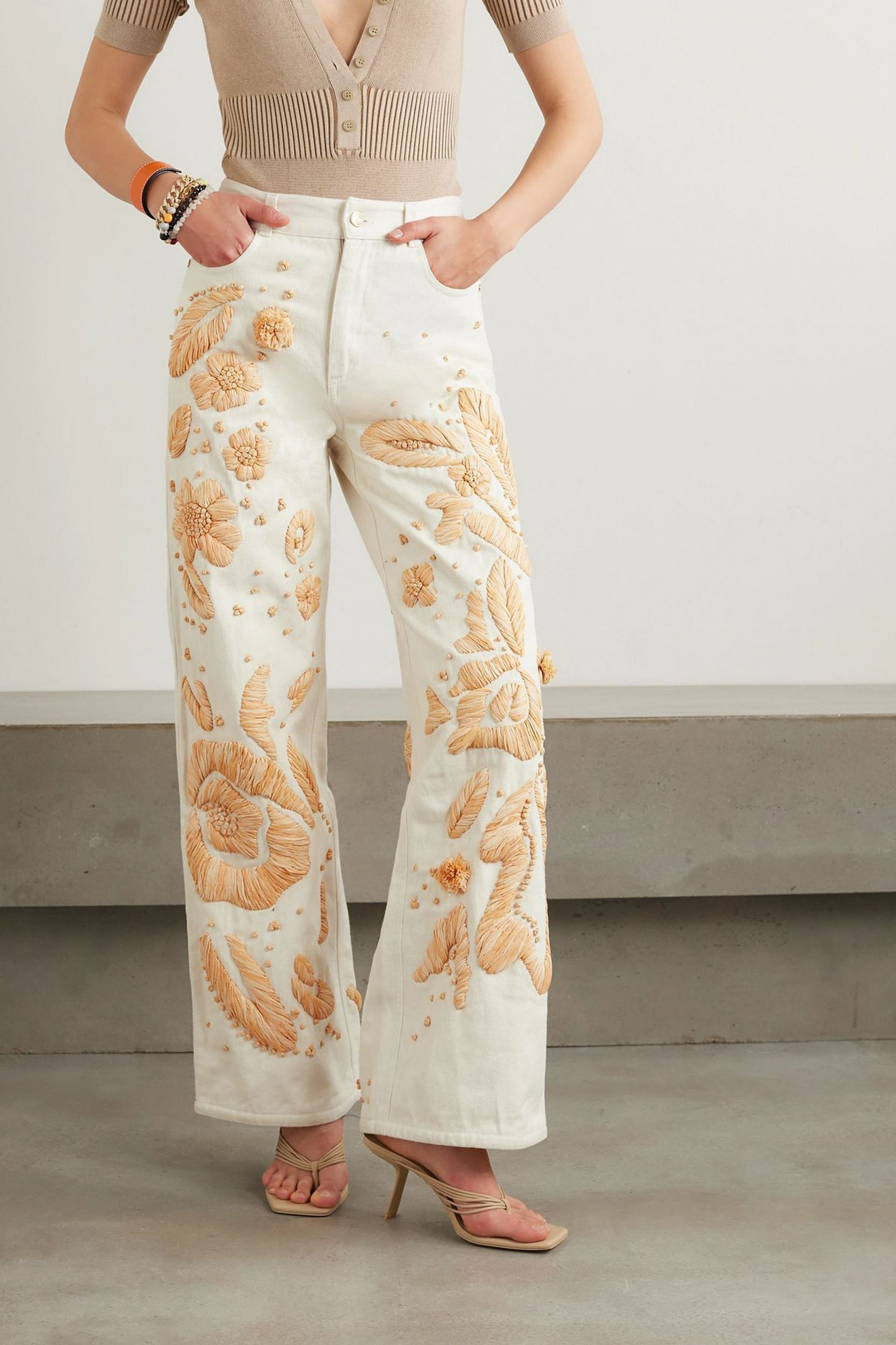 Cult Gaia Jarli raffia-appliquéd high-rise wide-leg jeans