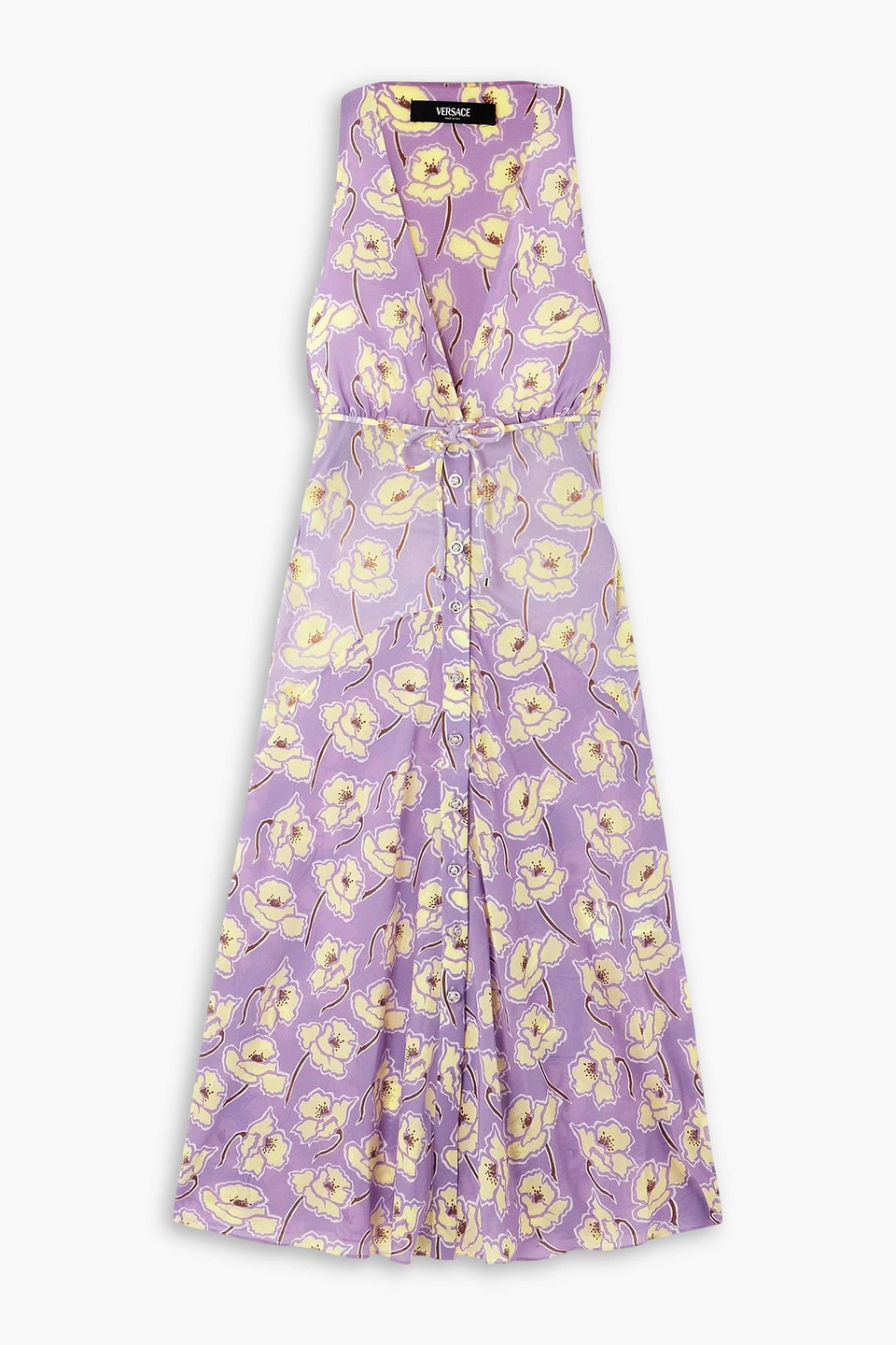 versace - belted floral-print silk-blend georgette midi dress - purple - it 36