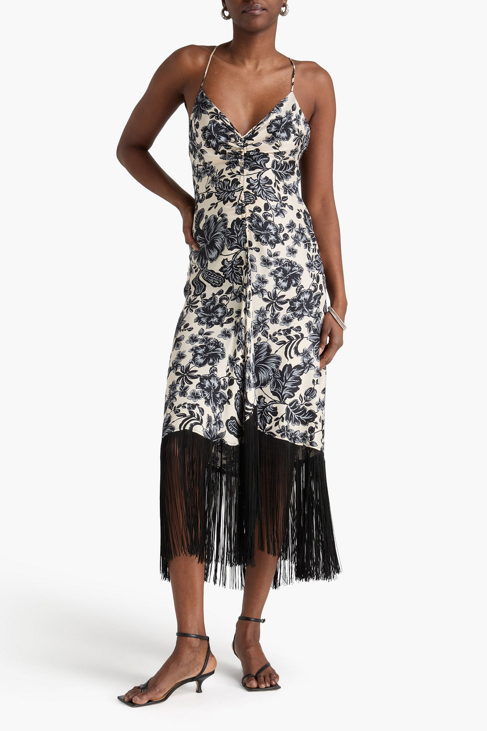  Sandro - Maxikleid Aus Seiden-twill Mit Floralem Print Und Fransen - Weiß - Fr 34 