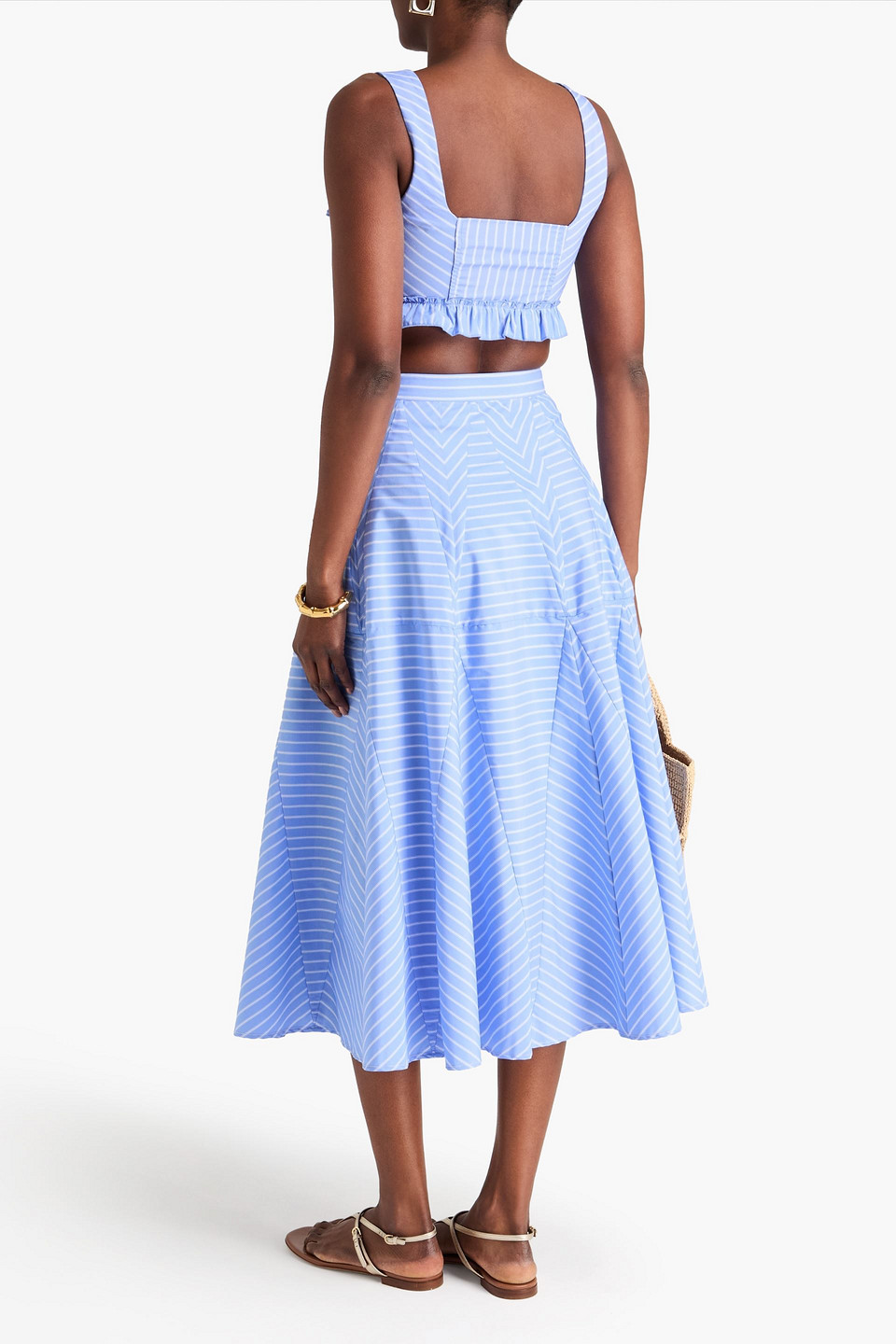  Sandro - Cropped Ruffled Striped Poplin Bustier Top - Blue - 0 
